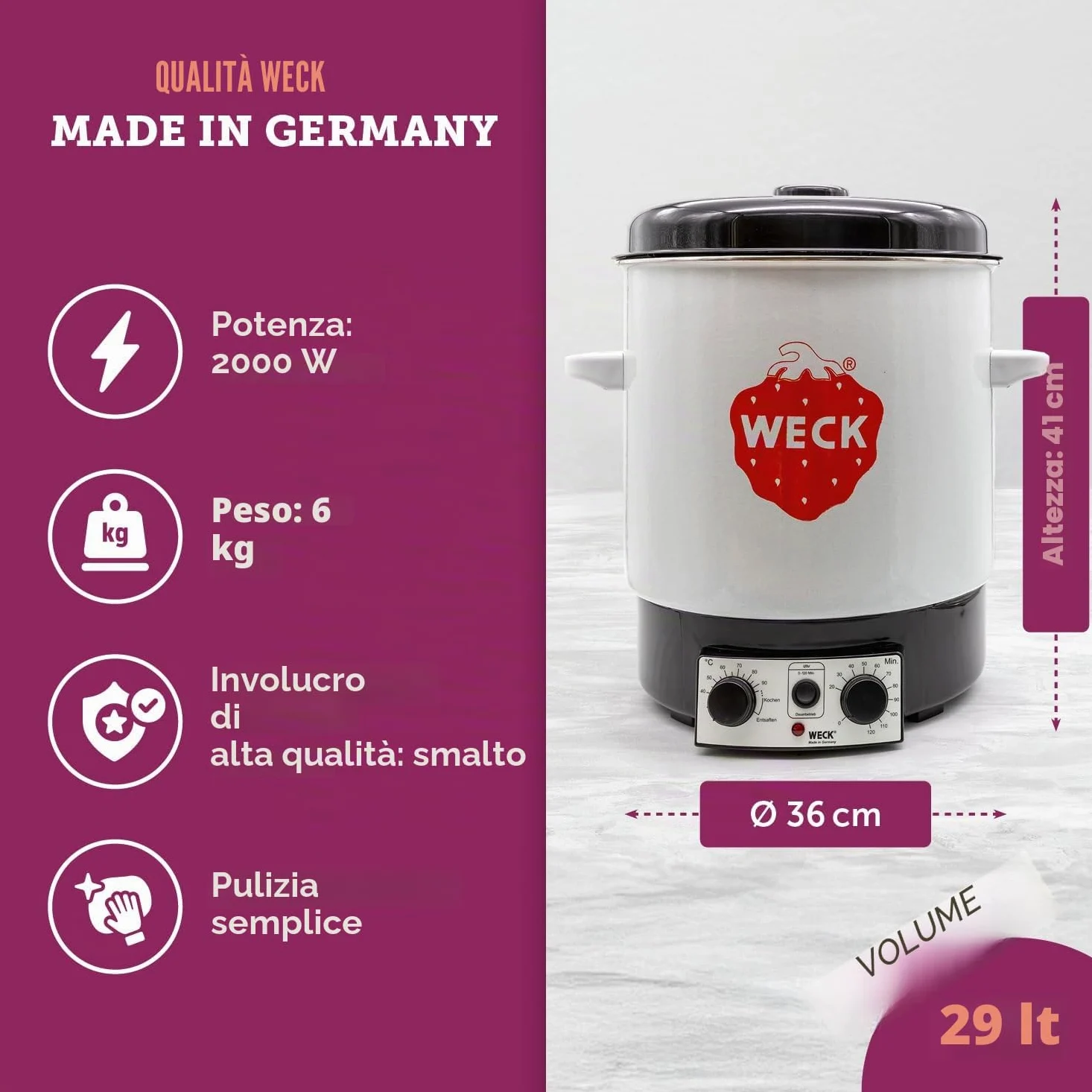 WECK Sterilizzatore elettrico WAT 15 (sterilizzatore a smalto, dispensatore di acqua calda, fornello per vino caldo, termostato, timer, 29 litri) 6830