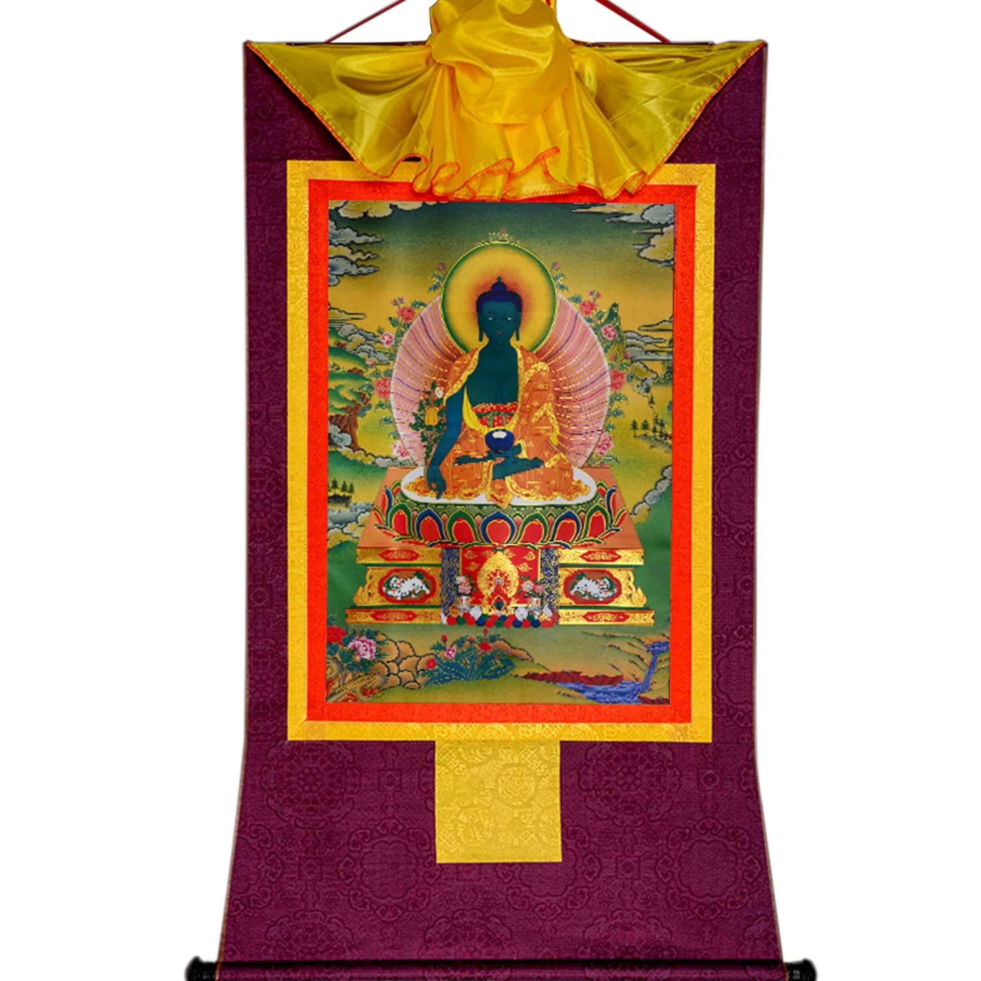 Thangka tibetano, pittura thangka, arazzo buddista, buddismo tibetano tantrico Thangka da appendere alla parete, Bhaisajyaguru, Buddha della medicina, arazzo buddista in broccato stampato a caldo for