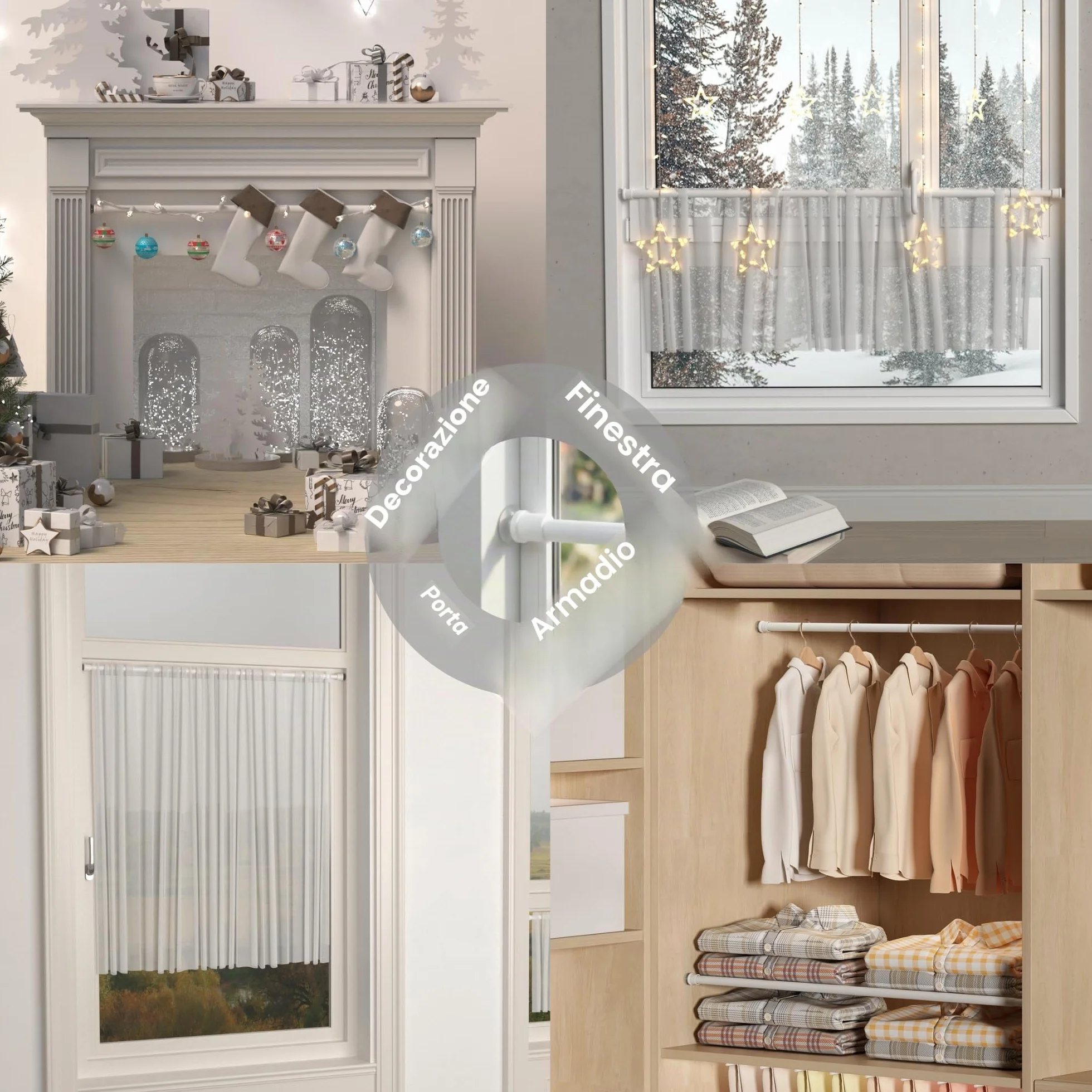 Bacchette per Tende Senza Forare 2 Pezzi Fissaggio a Pressione Diametro 7.6/10mm Bianco 30-45 cm
