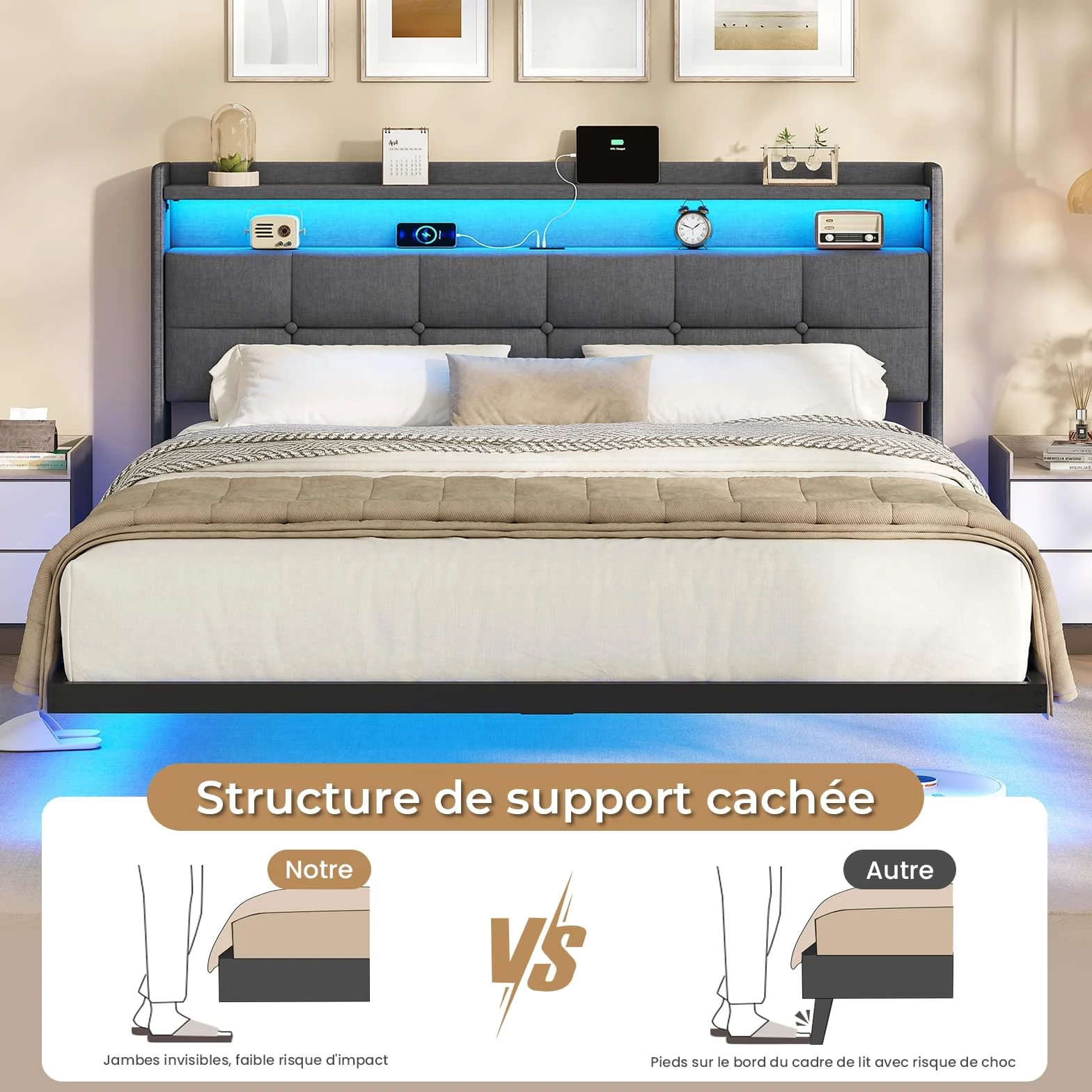 AOGLLATI Letto Matrimoniale 160x200 cm con Effetto Visivo Levitante, Struttura Letto con LED e Stazione di Ricarica, Letto con Testiera Imbottita e Struttura in Metallo, Senza Materasso, Grigio Scuro