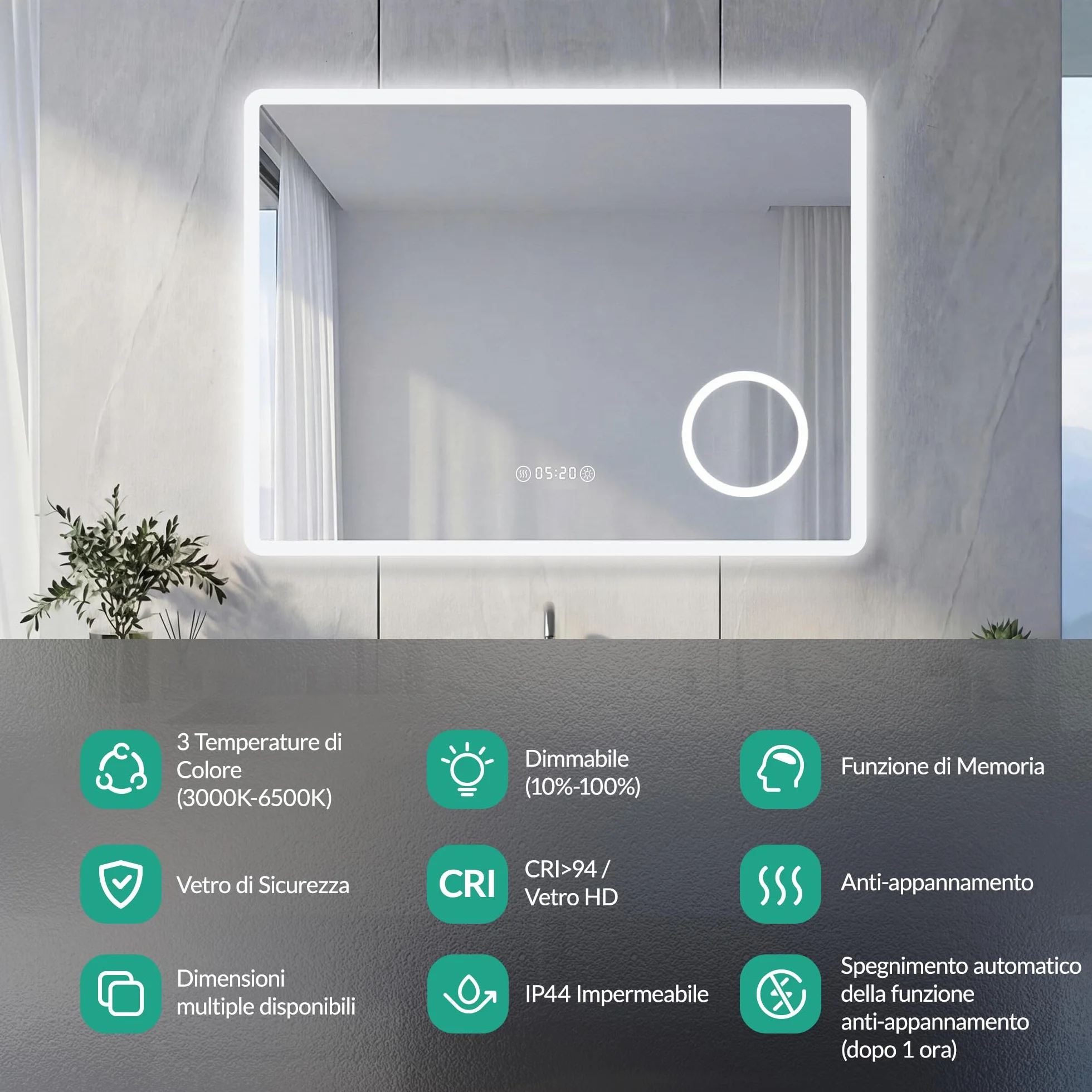 Specchio Bagno con Luce LED Antiappannamento 3 Temperature Colore 3000K-6500K Dimmerabile 10%-100% Lente Touch con Memoria HD Specchio bagno LED IP44 IP65 Impermeabile 80x60cm