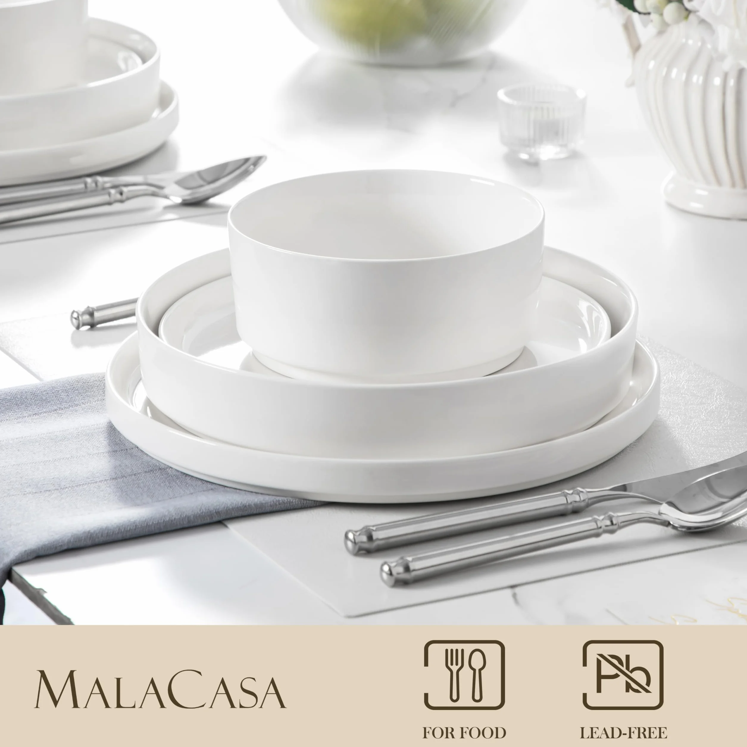 MALACASA Servizio di Piatti in Porcellana per 6 Persone, 24 Pezzi con Piatti Piani ∅ 26 cm e Piatti da Dessert ∅ 21 cm, Ciotole per Cereali da 760 ml e per Pasta da 1240 ml, Colore Bianco, Serie LEAH