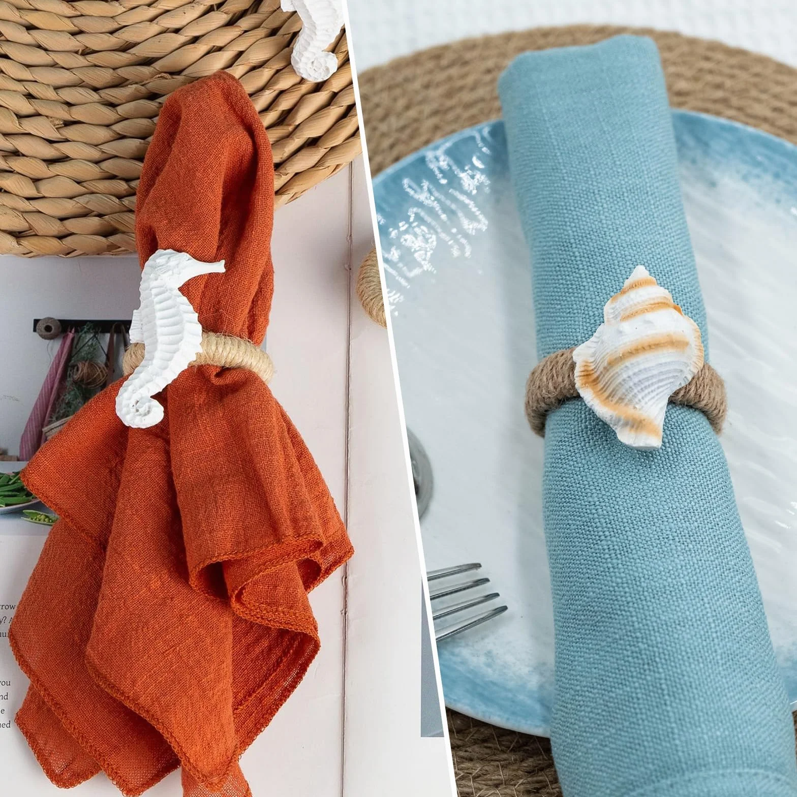 Set di 4 Portatovaglioli A Tema Oceano, Rustico In Stile Costiero Anelli Portatovaglioli In Juta, Stella Marina, Cavalluccio Marino, Conchiglia, Buccino per Cene, Feste, Decorazione Da Tavolo