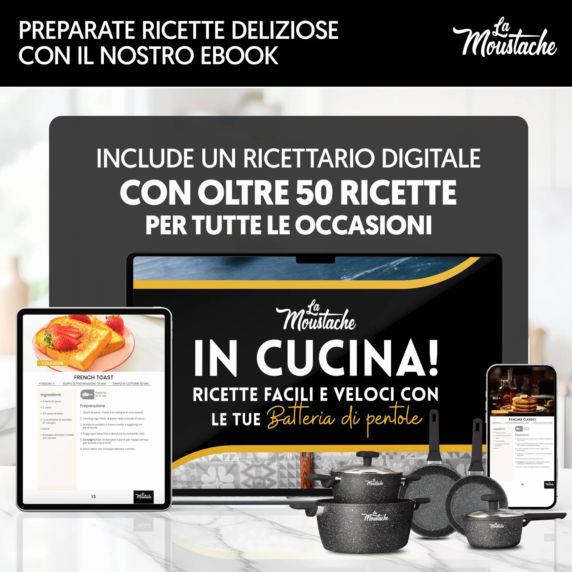 La Moustache Batteria di Pentole 8 Pezzi a Induzione in Alluminio Antiaderente Set Casseruole Coperchi Padelle Manici Bakelite Onix