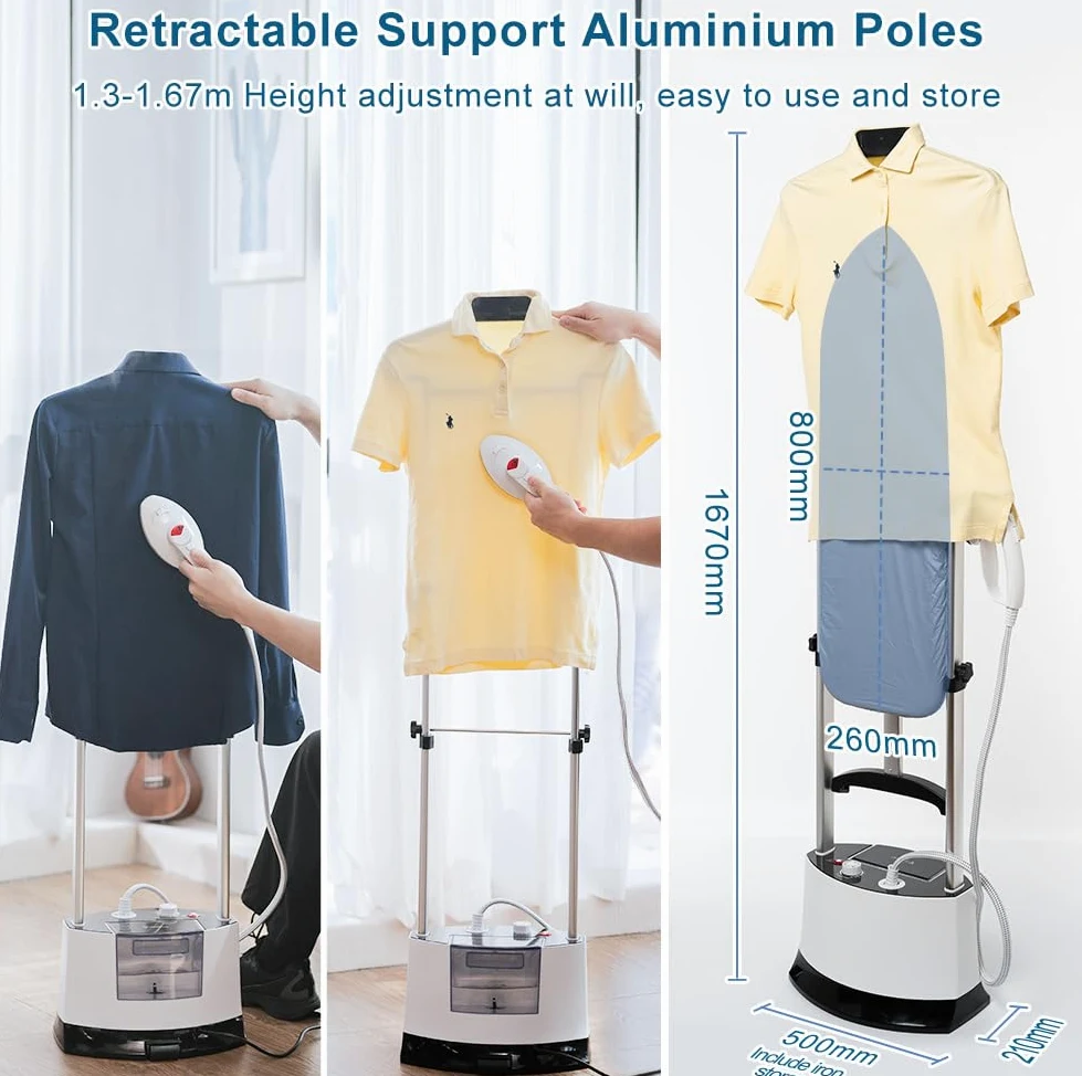 Ferro da Stiro Verticale Professionale: 1400W 6Bar 12 Livelli di Vapore Regolabili con Asta Telescopica Piastra Ceramica Ideale per Tende/Hotel/Ufficio/Camicie/Tessuti/Casa/Lavanderia