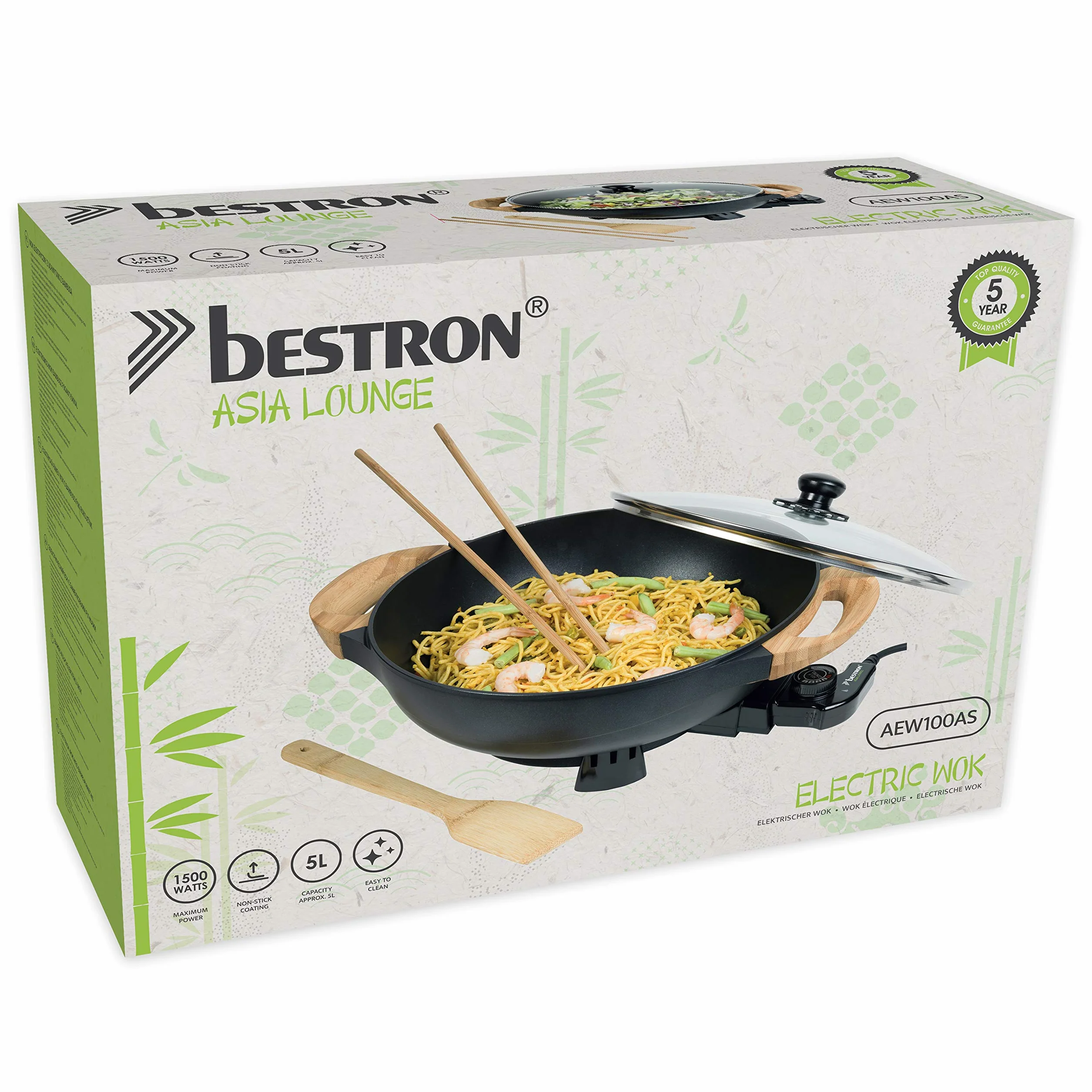 Bestron AEW100AS Wok Elettrico 1500W 5 Litri Nero Metallizzato con Coperchio Vetro e Accessori