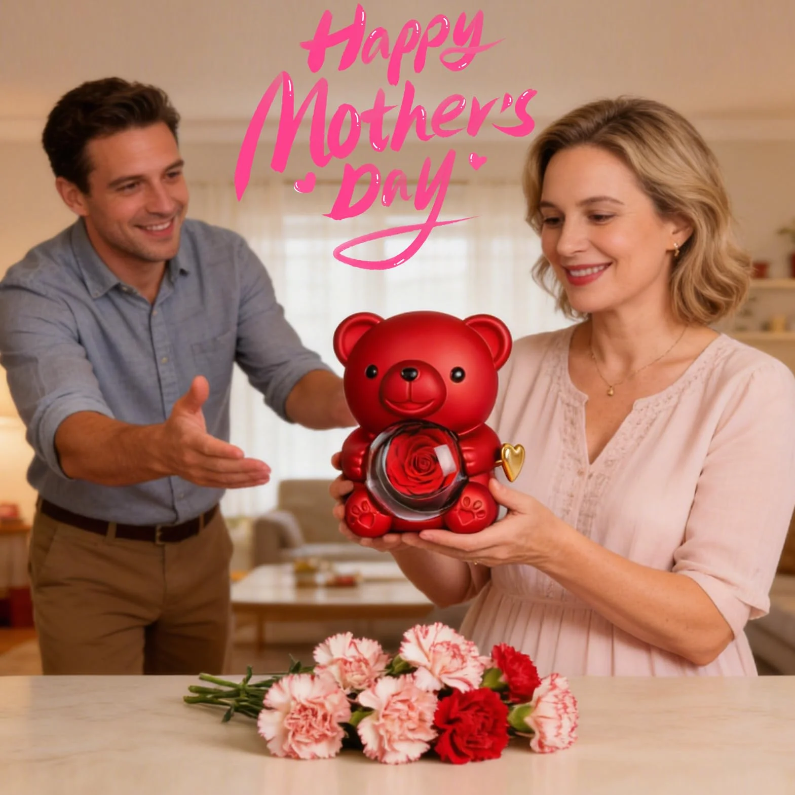 Orso di Rosa Eterna con Collana a Cuore, Orsetto Stabilizzato, Regalo San Valentino per Donna