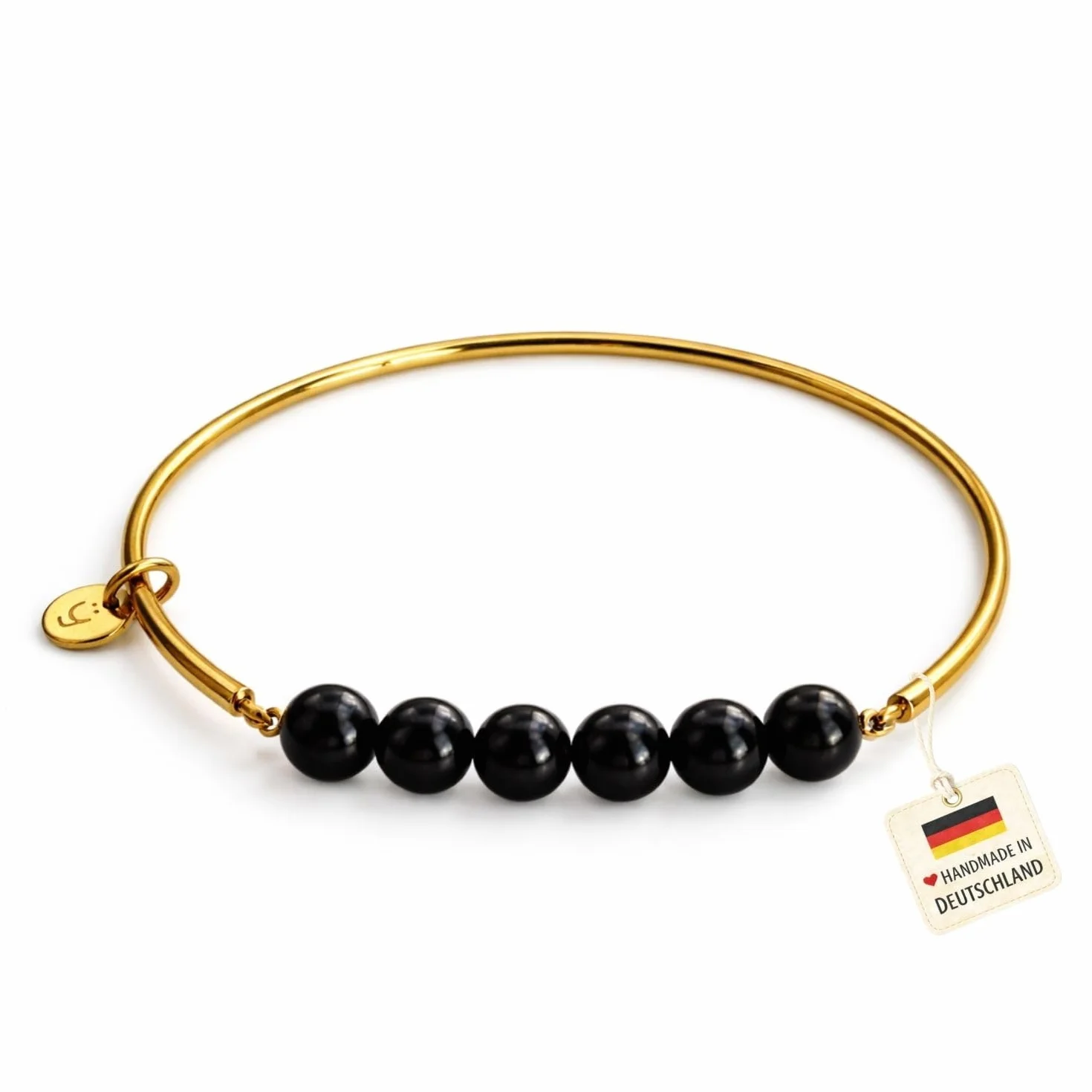 Bracciale elastico da donna color oro con perle di onice e ciondolo fatto a mano in Germania