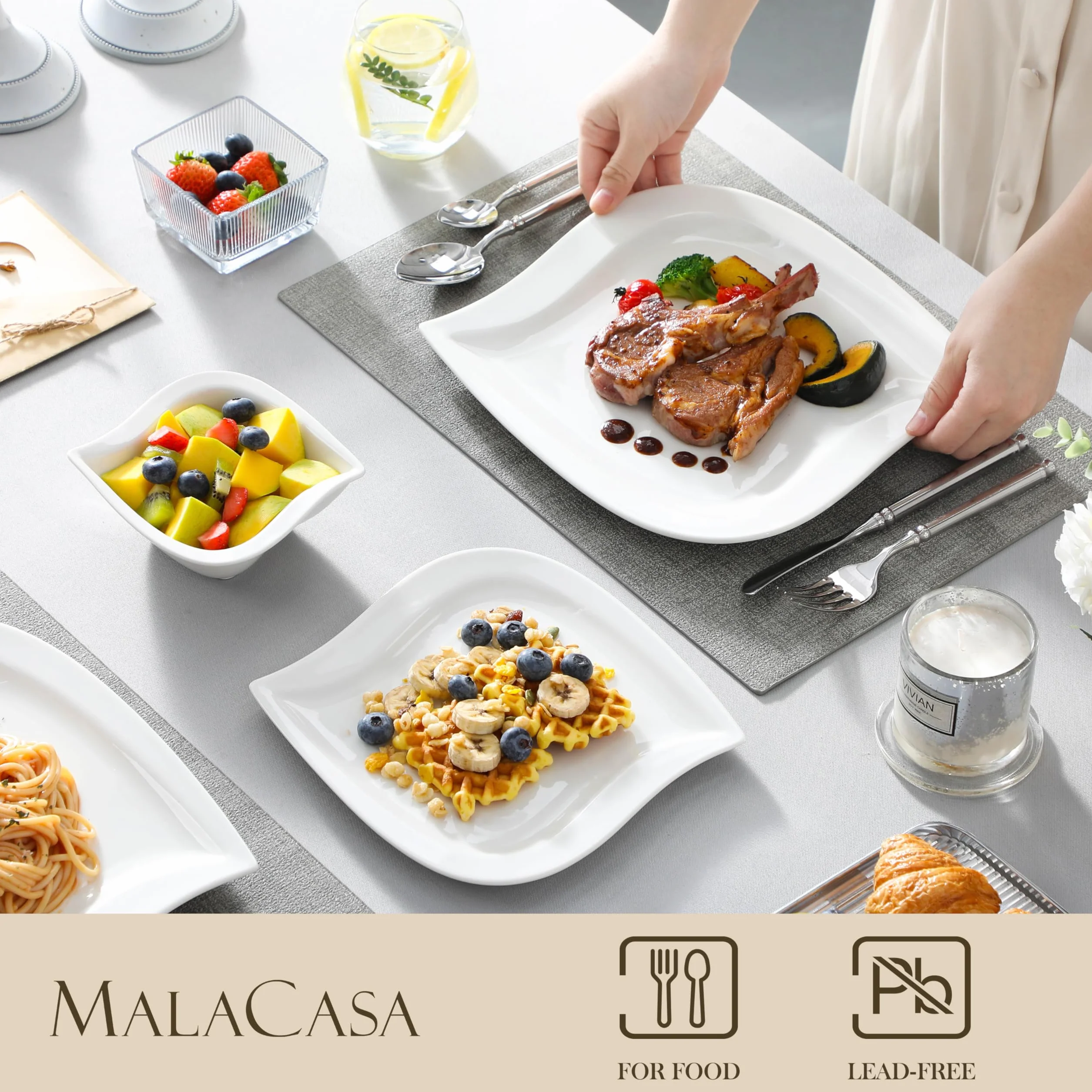 MALACASA Serie ELVIRA Servizio da Tavola per 6 Persone in Porcellana, Servizio di Piatti 18 Pezzi con 6 Piatti Piani da 26 cm, 6 Piatti da Dessert da 21 cm, 6 Ciotole da Zuppa da 240 ml, Colore Bianco