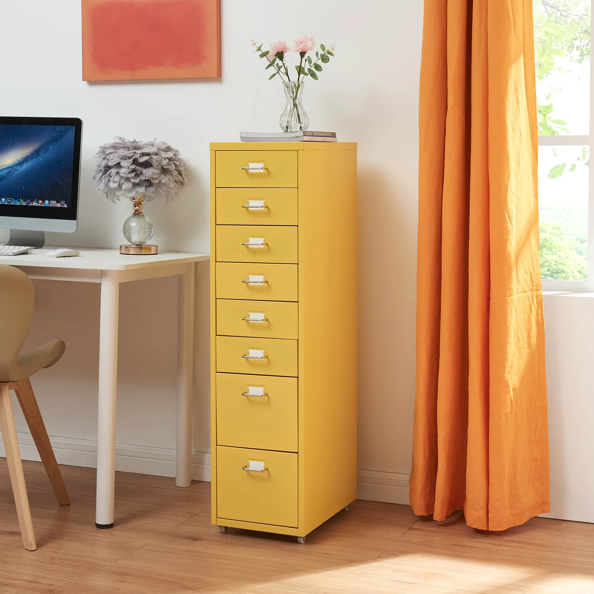 [en.casa] Cassettiera in Acciaio con Rotelle Mobile Archivio Schedario 109 x 28 x 41 cm cm Mobile da Ufficio con 8 Cassetti - Giallo