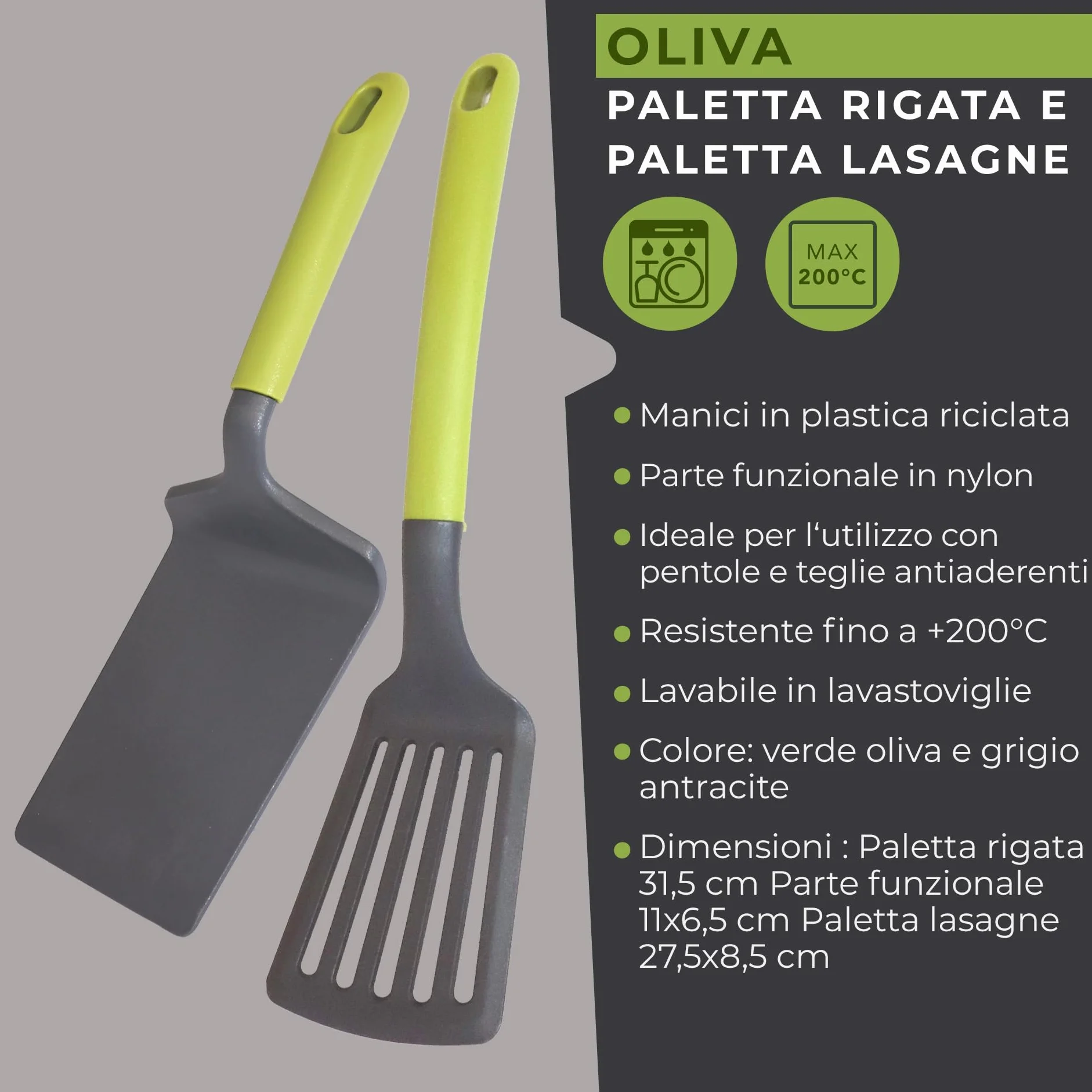 Fackelmann Set Palette da cucina 2 pezzi, paletta forata e lasagne, nylon, lavabili in lavastoviglie, Linea Oliva