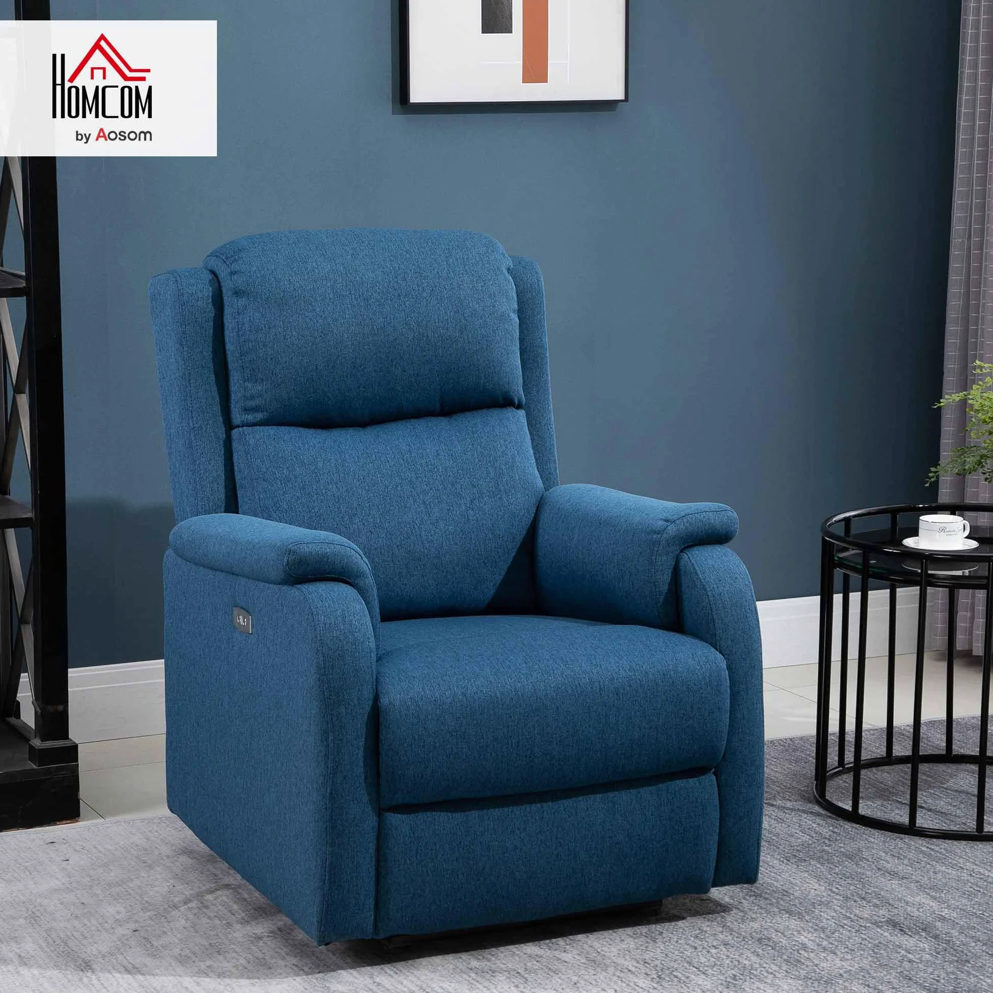 HOMCOM Poltrona Relax Elettrica con Poggiapiedi e Presa USB, Poltrona Reclinabile Elettrica 160° in Tessuto effetto Lino, Legno di Pioppo per Soggiorno, Salotto e Camera da Letto, Blu