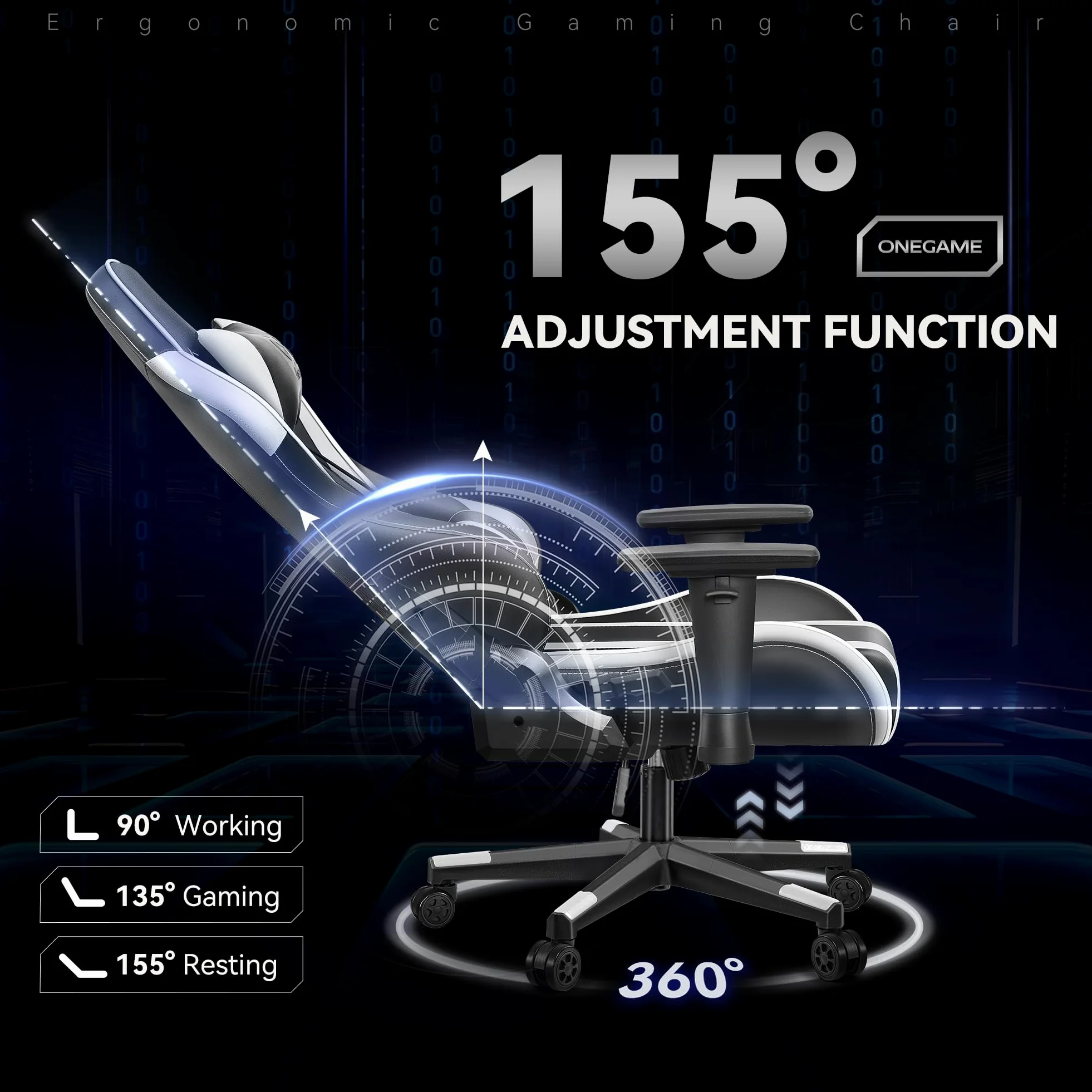 OneGame Sedia Gaming, 3D Braccioli Ergonomico Sedia da Gioco per Computer, Ufficio Regolabile in Altezza, Girevole con Cchienale Regolabile 155°, Bianco