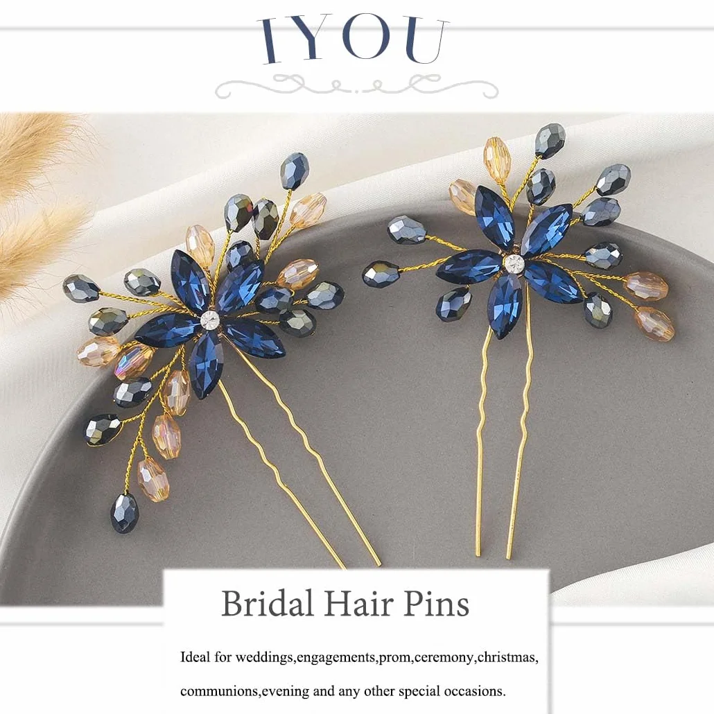 Strass Matrimonio Fermagli Capelli Blu Marina Fiore Cristallo Barocco Damigella D'onore Prom Accessori Donne Confezione da 2