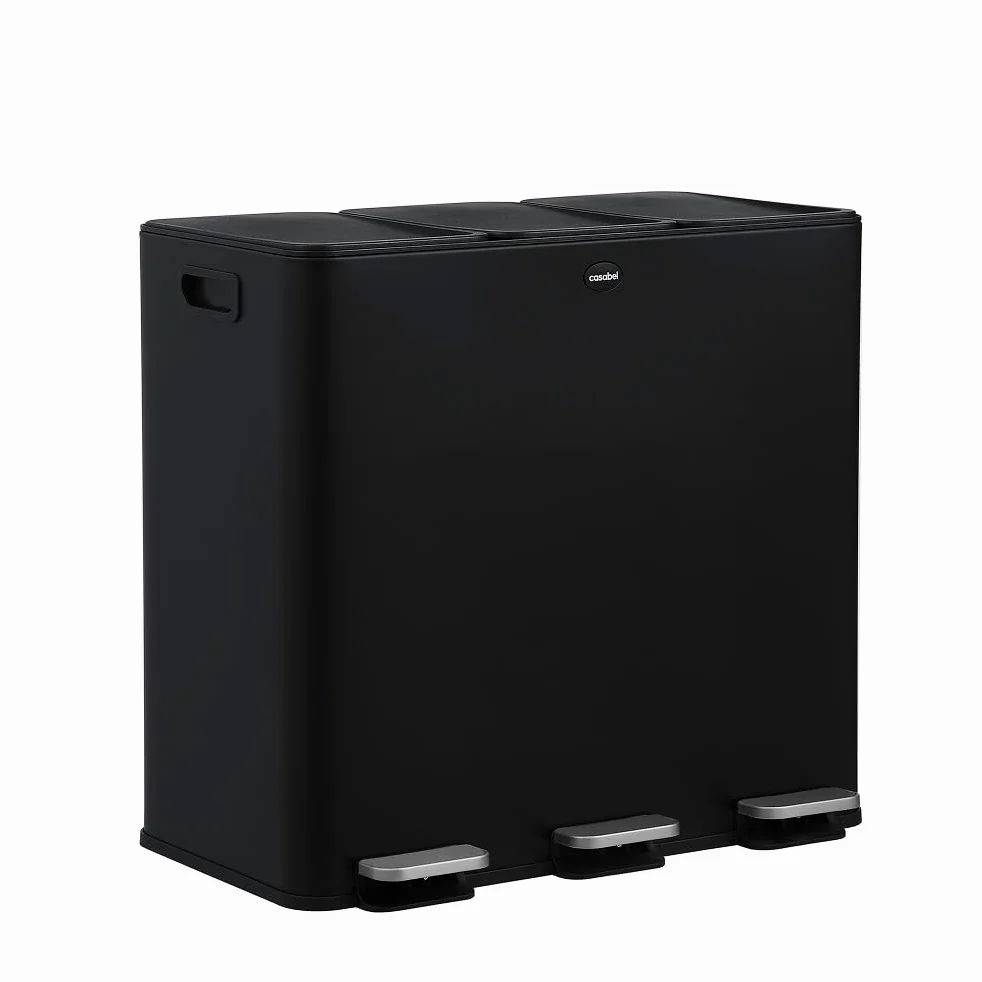 CASABEL Pattumiera Differenziata 3 Scomparti 3x20L, in Acciaio Inox Nero, Secchio Spazzatura - Pattumiera da Cucina per Riciclaggio Rettangolare a Pedale - Bidoni Differenziata da Interno