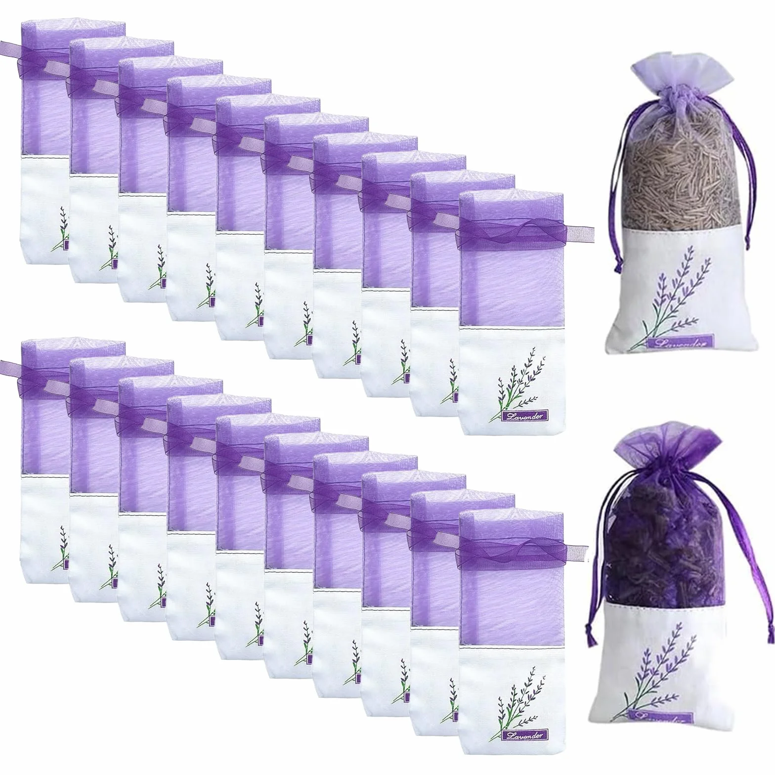 MOLIMOLI Bustina per Lavande Vide, 20 Pezzi Sacchetto di Lavanda in Organza con Ricamo Lavanda, Protezione Naturale Antitarme per Armadi, Auto, Confezione Regalo