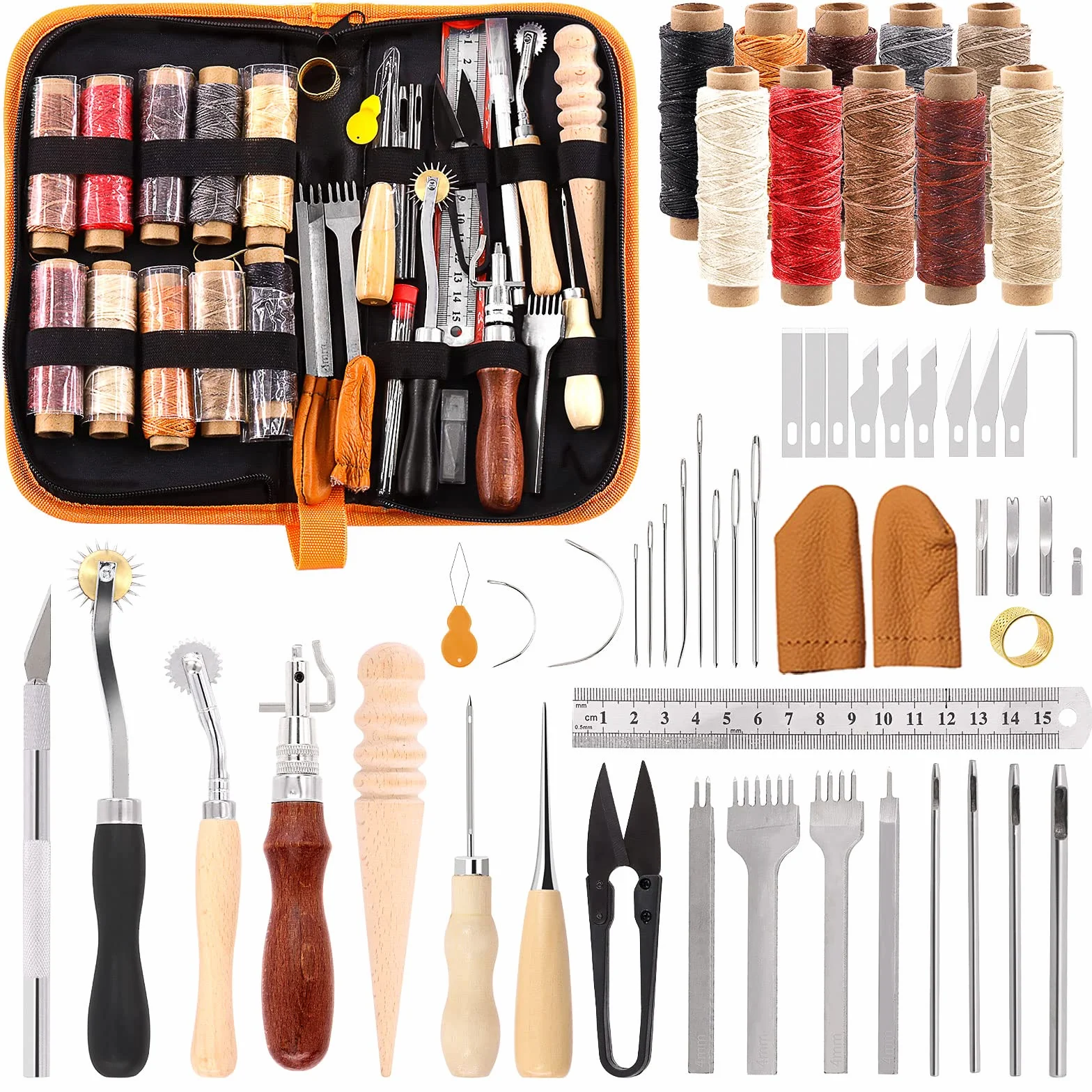 Swpeet Kit da 46 pezzi per artigianato in pelle, strumenti e forniture con punteruolo per scanalare filo cerato, punzonatrice, ruota da tracciamento, aghi da cucito e altro ancora