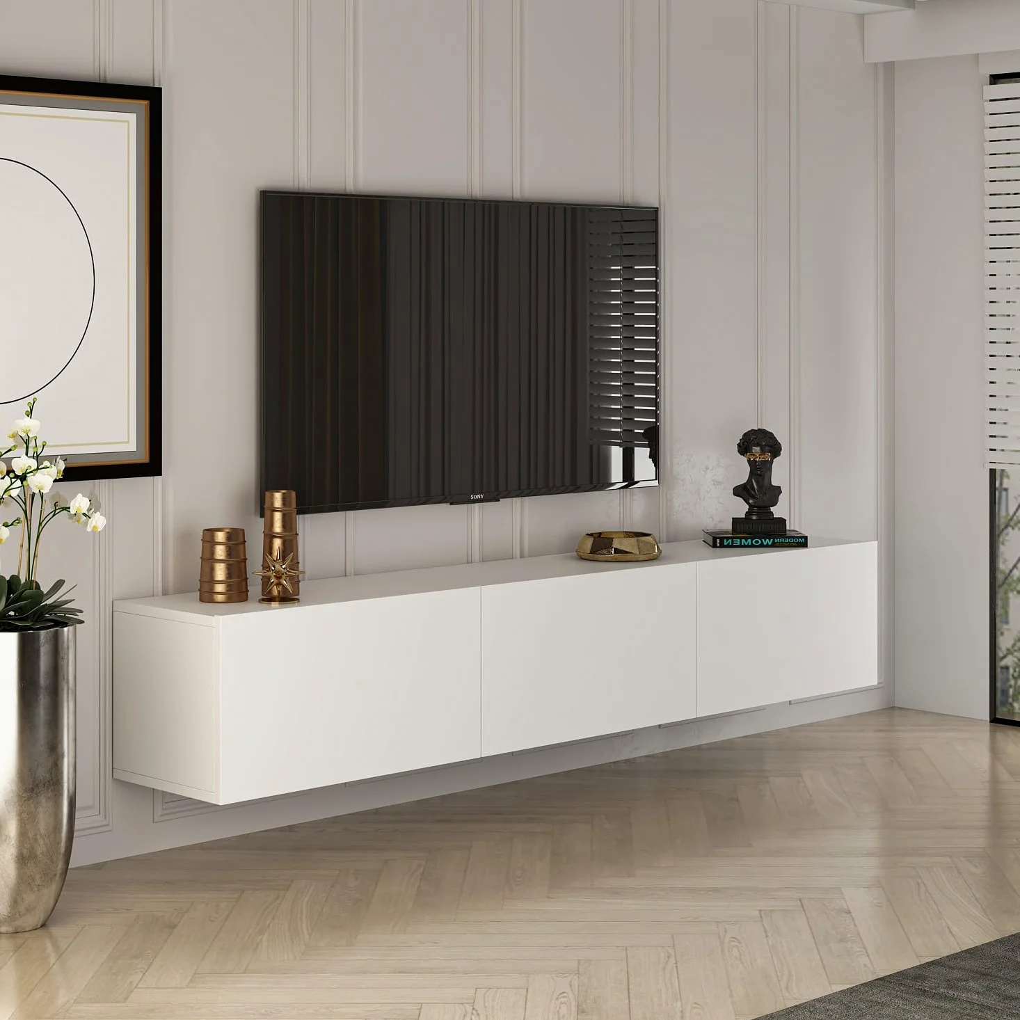 Hanah Home Elegante supporto per TV, 150 cm x 30 cm x 32 cm, 100% melamina rivestito in melamina, design moderno per spazi viventi e intrattenimento