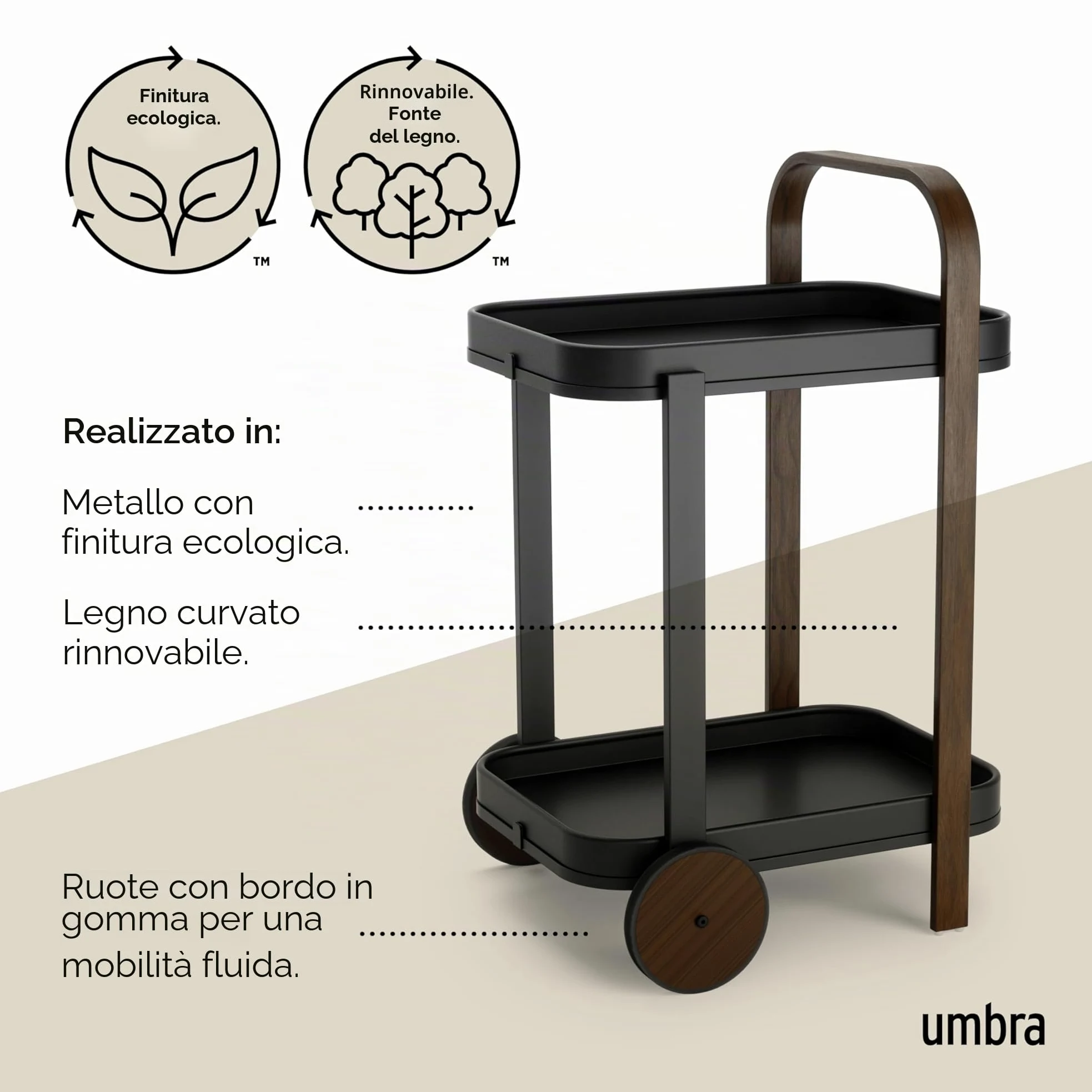 Umbra Bellwood Carrello bar e portavivande, Acciaio, Nero/noce