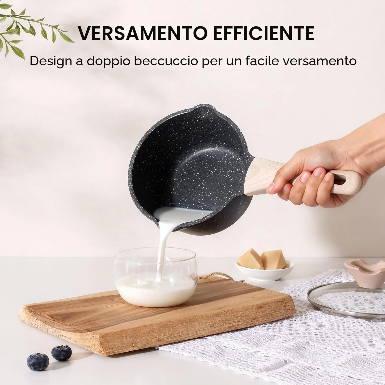 Set di pentole Kordisen con coperchi, da 16 cm e 20 cm, rivestimento in granito, doppio beccuccio per versare, facili da pulire, adatte ai piani cottura a induzione - Ideali per cucine piccole (Nero)