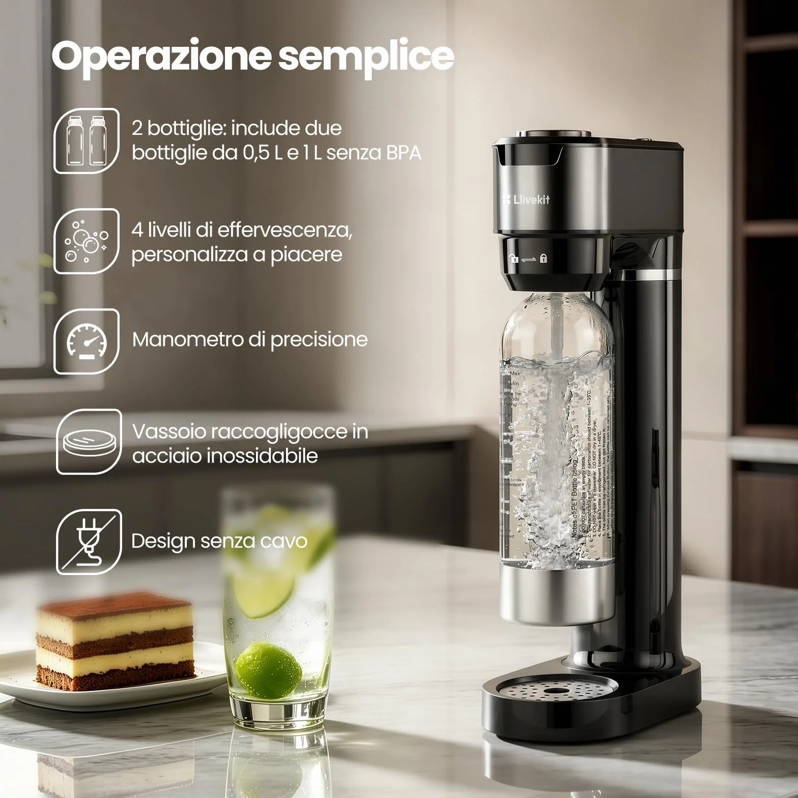 LLIVEKIT Gasatore d’acqua con 4 Livelli di Effervescenza, Bottiglie PET 0,5 L e 1 L, Acciaio Inox, Nero