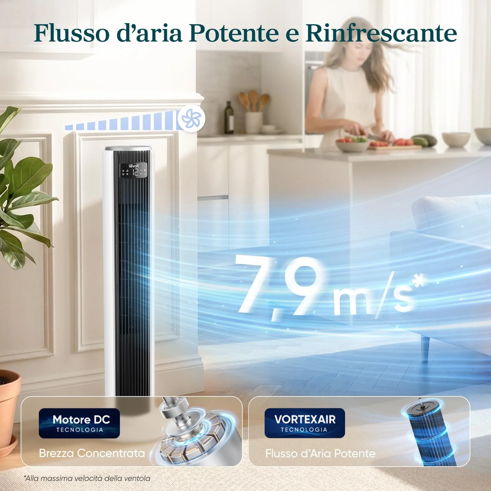 LEVOIT Ventilatore a Torre 20 dB Silenzioso, Potente 7,9m/s, 12 Velocità, 4 Modalità, Telecomando & LED, Timer da 1-12 ore, Oscillazione a 90°, Risparmio 26W, per Camera Letto, 92 cm, Bianco Puro