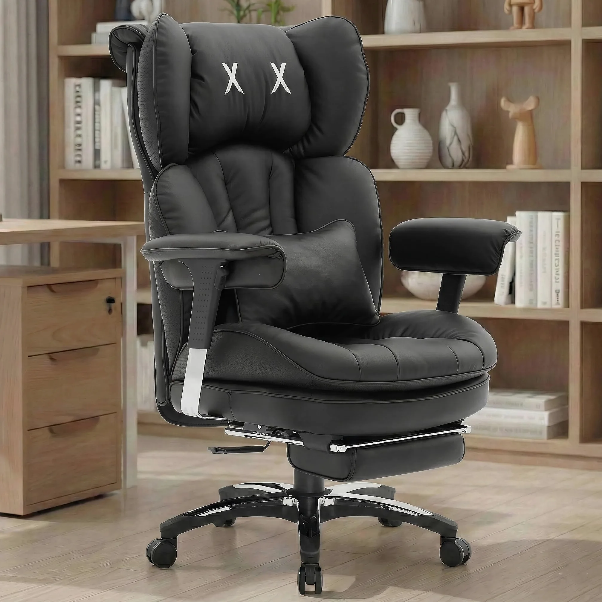 Efomao Sedia ufficio in pelle PU con ricamo X, grande e alta, schienale alto regolabile, sedia da gioco computer, girevole executive 200 kg, poggiapiedi e supporto lombare