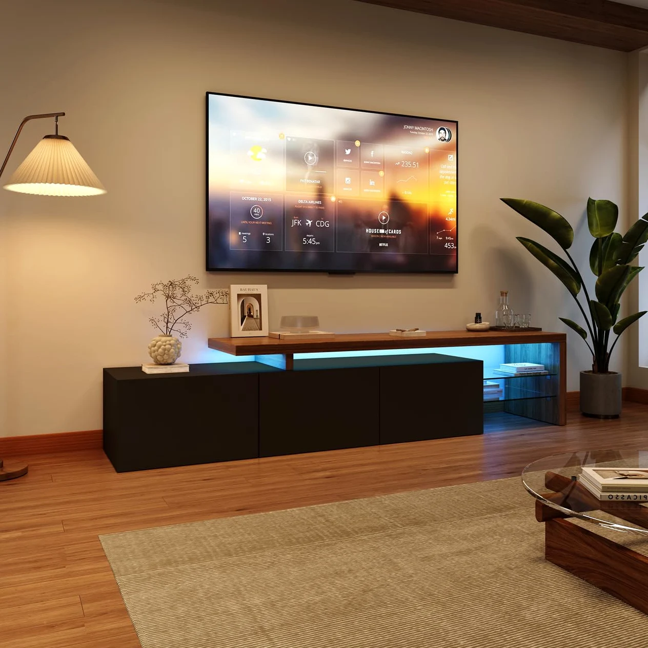 Mobiletto TV LED 200 cm, Mobili TV con Ripiano in Vetro, Mobile TV da Soggiorno, Panca TV Moderna in Legno con 3 Armadietti, Armadio Basso Soggiorno per Interni, Nero