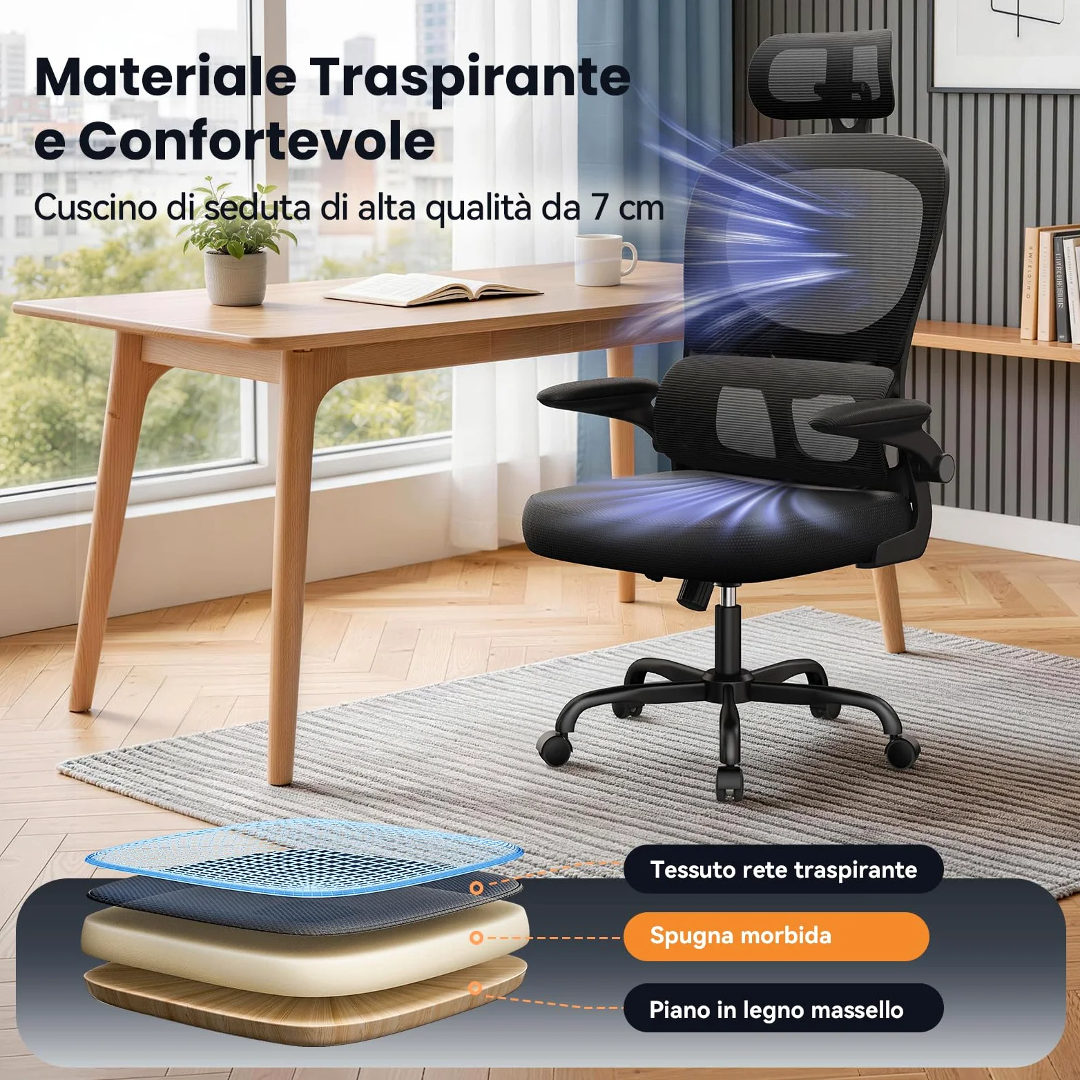 naspaluro Sedia Ufficio Ergonomica, Sedia Scrivania Con Supporto Lombare a Forma Di C, Schienale E Poggiatesta Regolabili, Braccioli Reversibili, Sedile in Rete Traspirante per L'ufficio, Nera