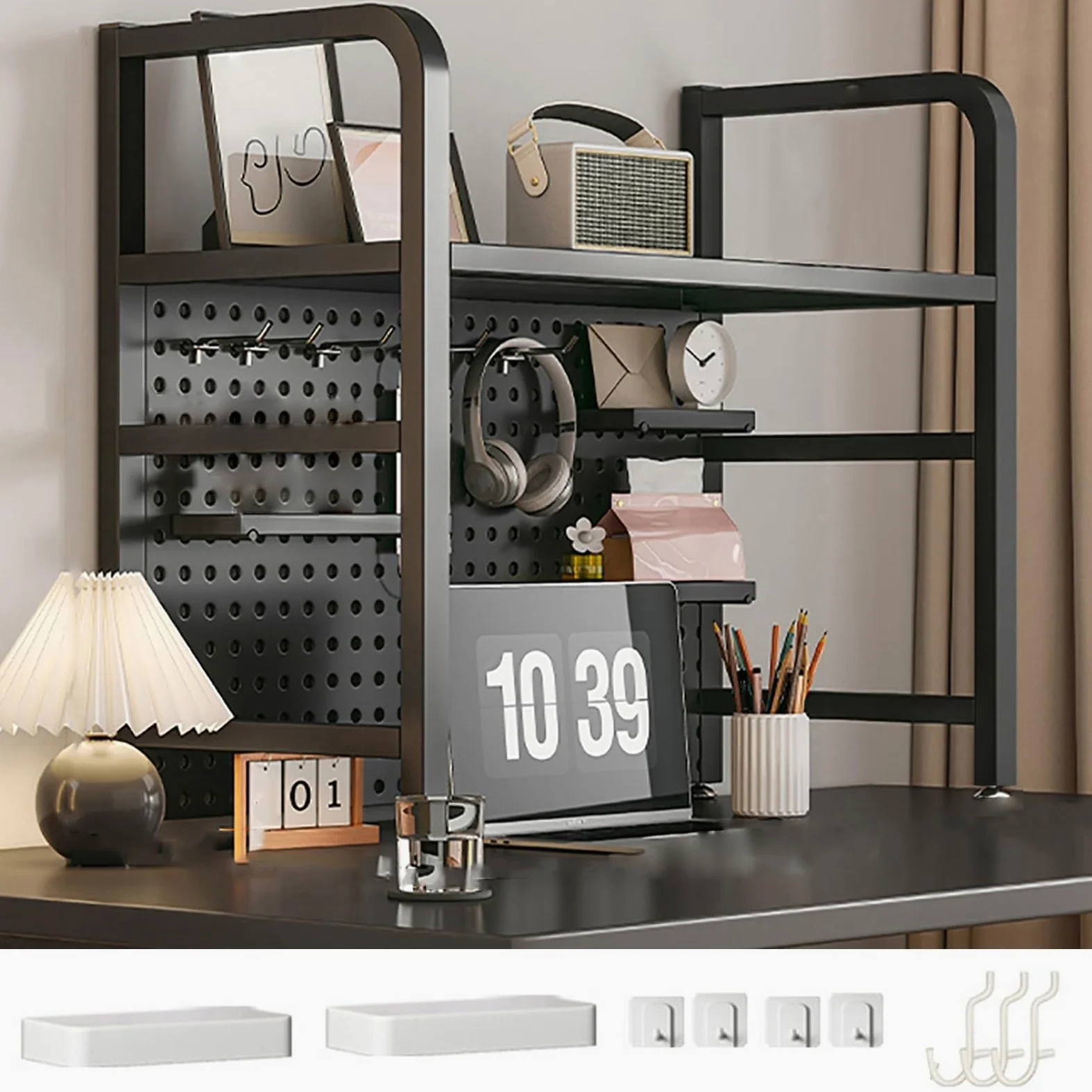 Mensola da scrivania con tavola perforata, mensola aggiuntiva in metallo per dormitorio o ufficio, 75 cm, soluzione elegante e funzionale per riporre oggetti da scrivania (Svart)