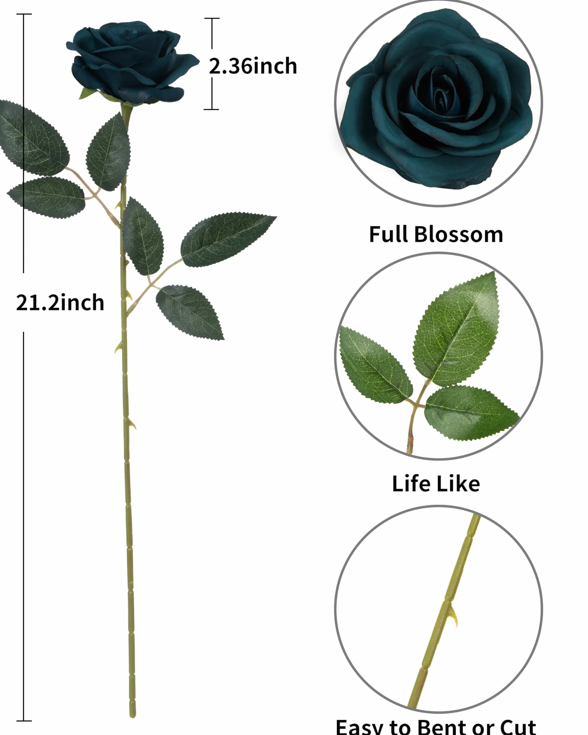DuHouse 10 sztucznych róż z długimi łodygami bukiet dekoracja ślubna (Blu pavone)