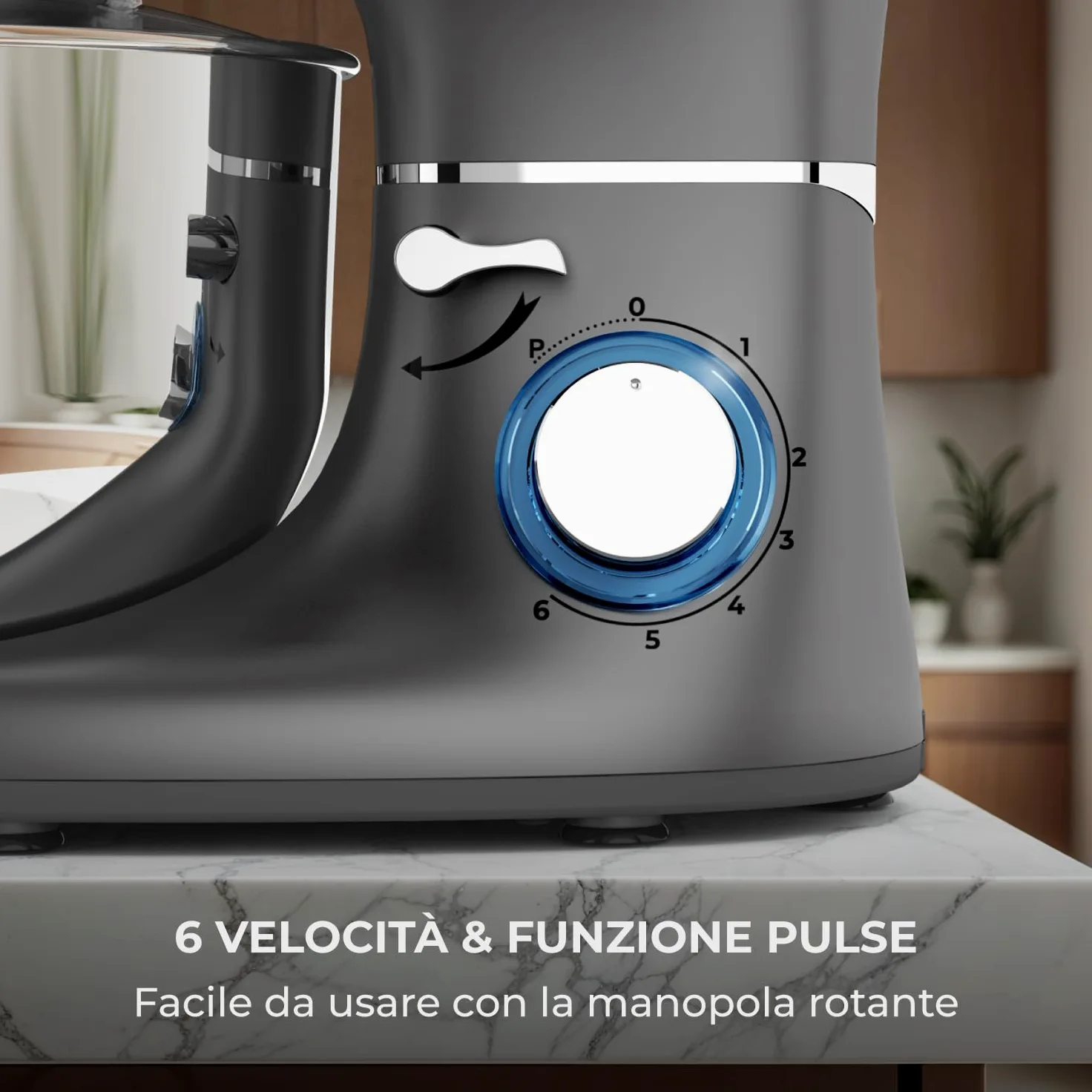 Impastatrice Planetaria - 2000W - Ciotola in Acciaio Inossidabile (6,2 L) - Impastatrice con Frusta, Gancio Impastare e Mescolatore - Inclusa e accessori extra - Antracite