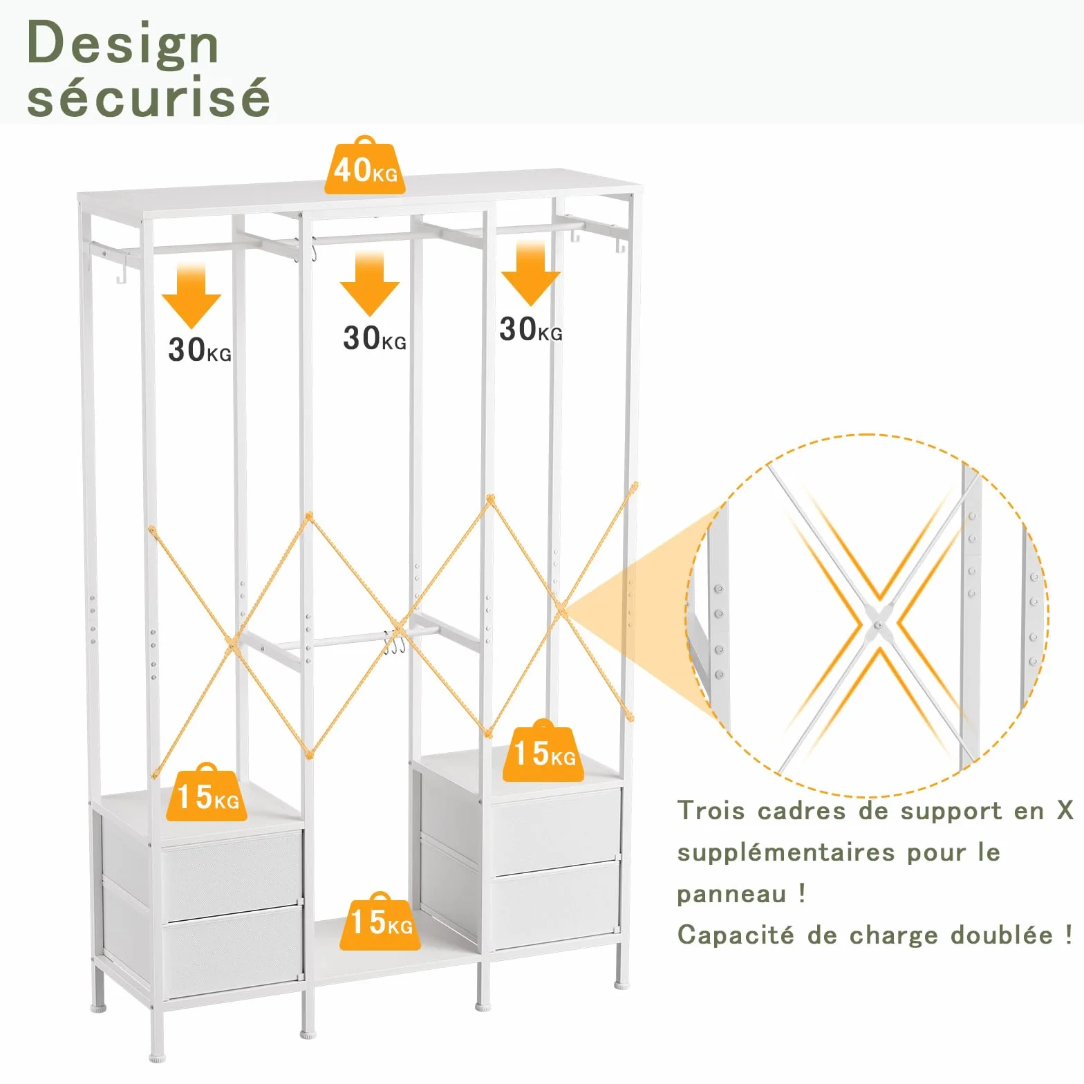 Stand Appendiabiti, Cabina Armadio con 3 Barre e 4 cassetti, Appendiabiti con 4 Ganci Rimovibili, Armadio Aperto Moderno, per Camera da Letto o Ingresso, Bianco