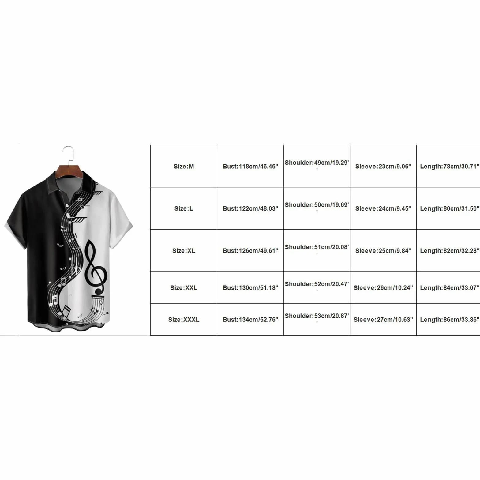 Camicia Uomo Casual Stampa Patchwork Musicale Maniche Corte Polsini Rinforzati