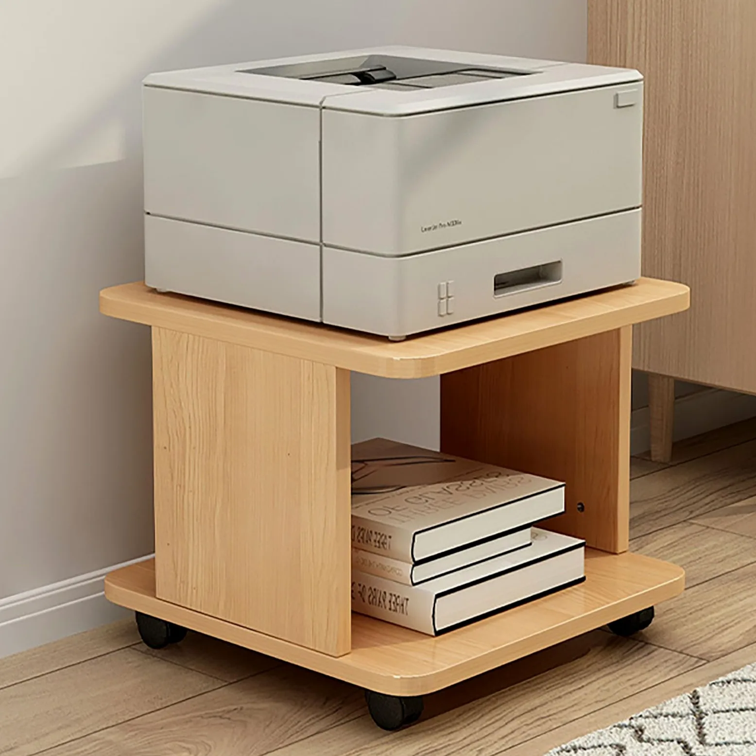 Supporto Stampante da Sotto Scrivania con 4 Ruote, Tavolo Stampante a 2 Ripiani, Mensola Piccola e Compatta, Salvaspazio per Ufficio e Casa(Light Brown)