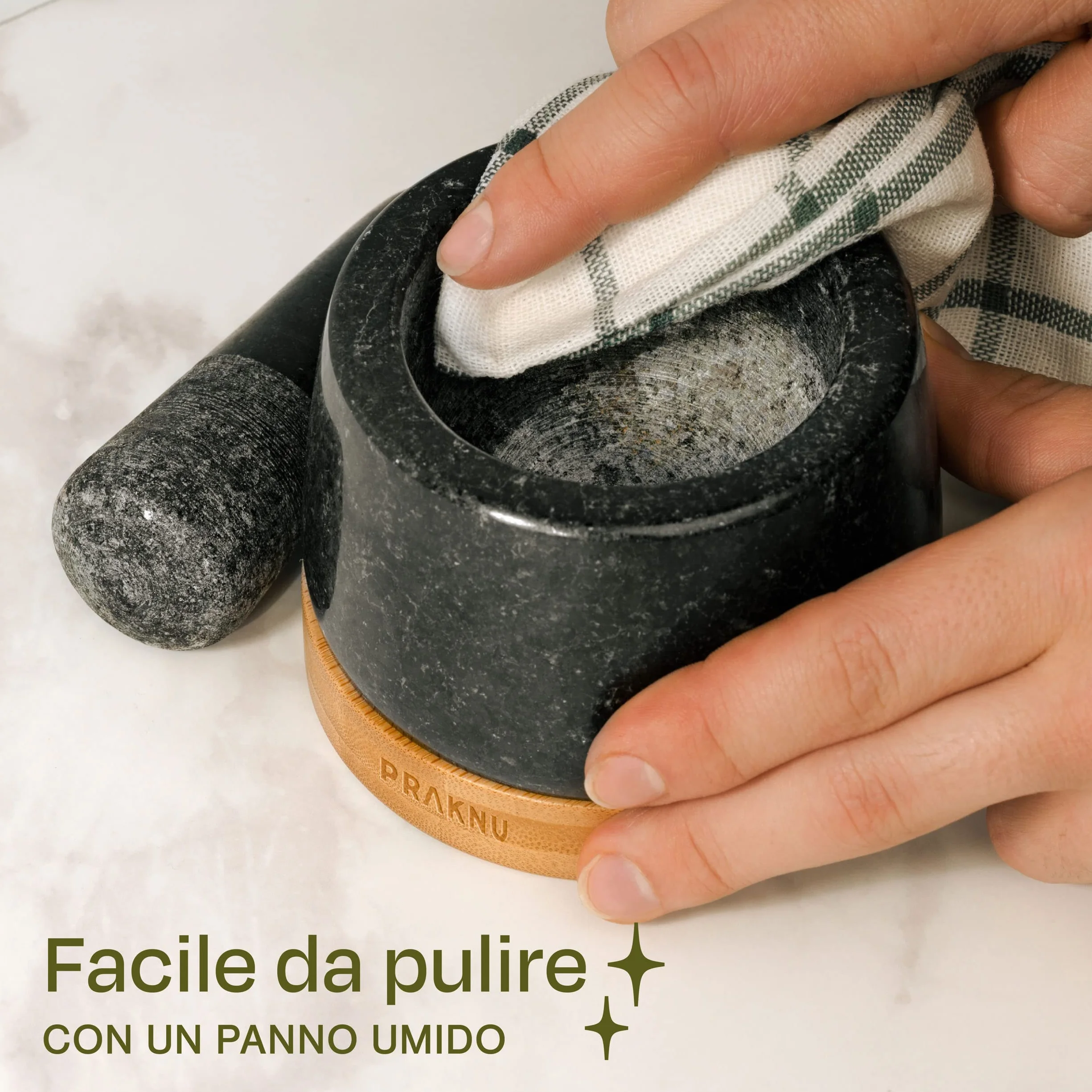 Mortaio con Pestello di Granito 120ml con Protezione per Superficie in Legno FSC®