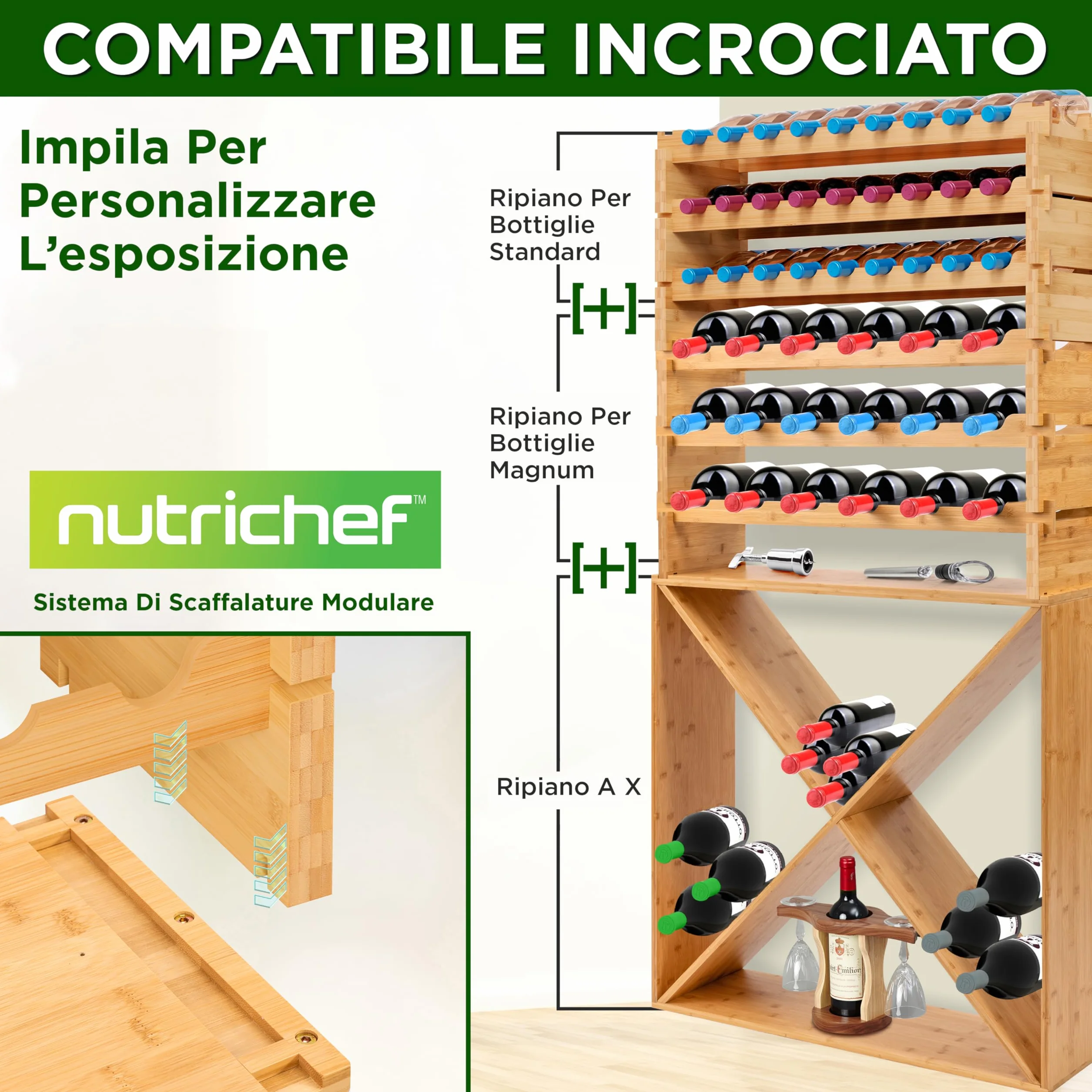 NutriChef Portabottiglie Vino Modulare in Bambù, Cantinetta Vino Legno Impilabile a 4 Ripiani per 24 Bottiglie Formato Magnum (Diametro 10 cm), Design a Croce 2x