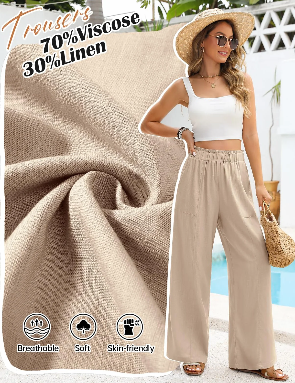 Pantaloni Lino Donna Estivi Pantaloni Larghi Leggeri Elastico Vita Alta Pantaloni di Lino Eleganti Casual da Spiaggia Comodi Pantaloni Tinta Unita con Tasche
