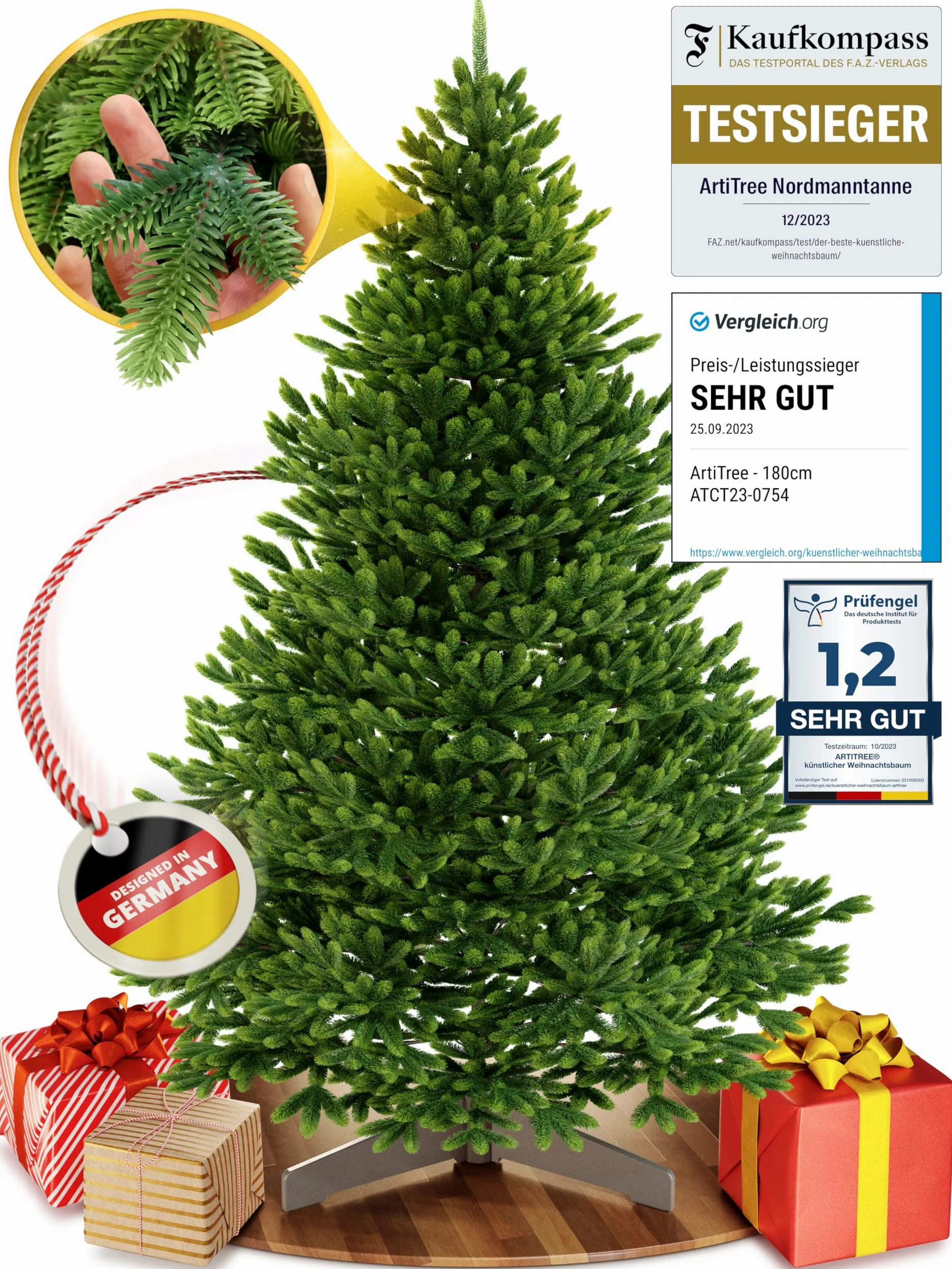 Albero di Natale artificiale [100% stampato a iniezione] - Nordman realistico con cima robusta | christmas tree di prima qualità con supporto in legno certificato FSC (180 cm, Senza illuminazione)