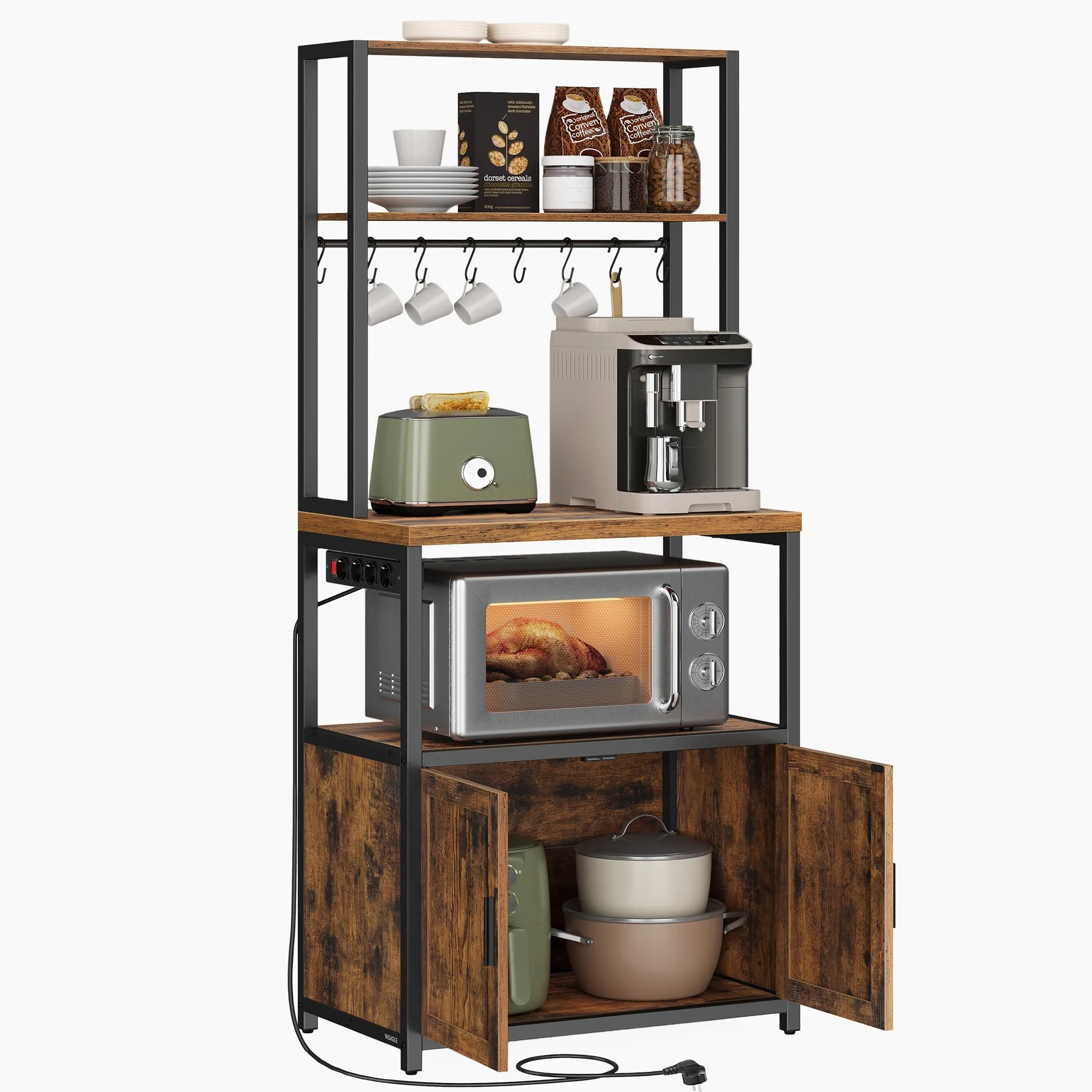 VASAGLE Scaffale Cucina con Prese, con Piano Alto 90 cm, Scaffale per Microonde con 8 Ganci, 40 x 60 x 170 cm, Marrone Vintage e Nero Inchiostro KKS058K02