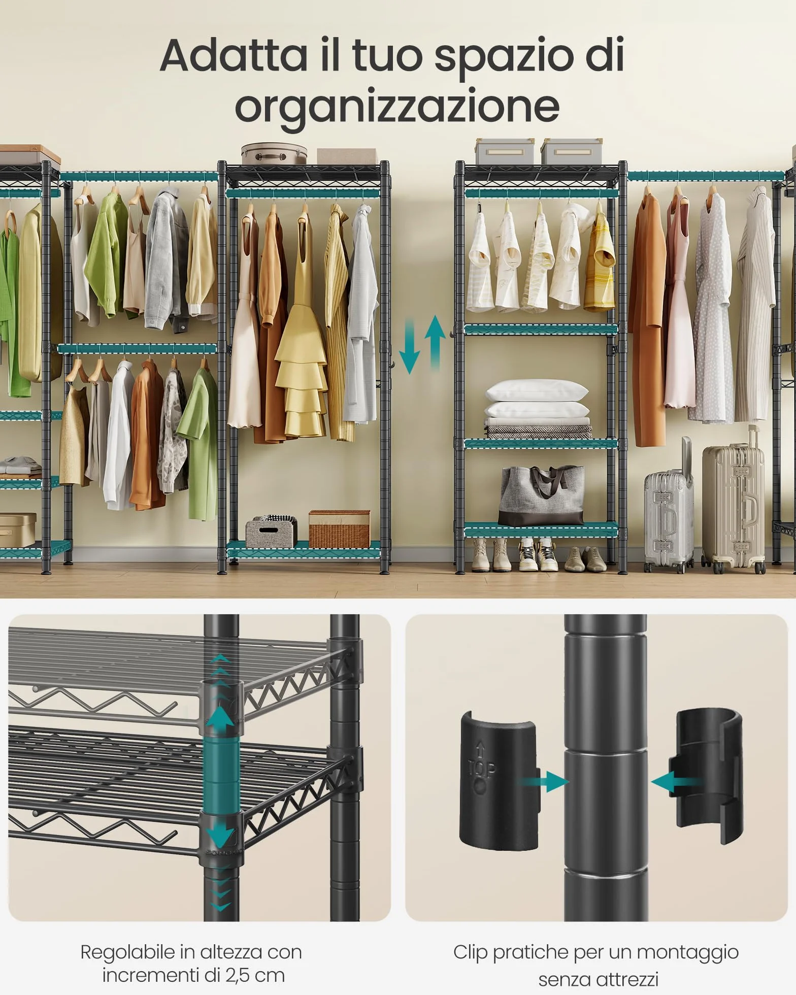 SONGMICS Appendiabiti per Carichi Pesanti, Armadio Portatile con Ripiani in Rete Regolabili e Barre Appendiabiti Estensibili, Ganci, 40 x (177-220) x 193 cm, Nero Inchiostro LGR438BH01