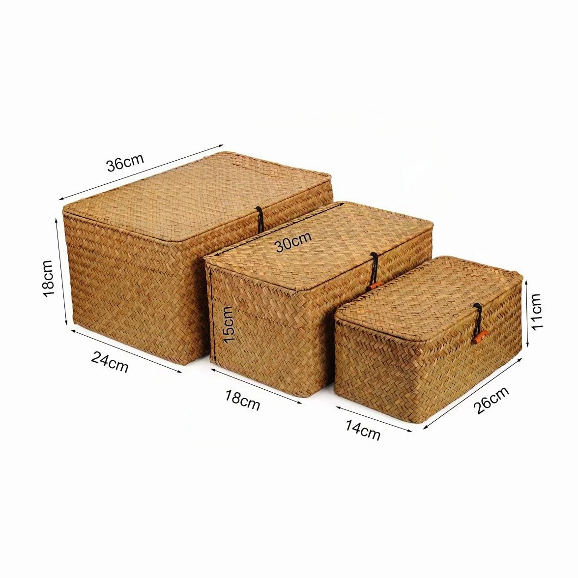 Seagrass Cesta Vimini con Coperchio Cestini Portaoggetti Naturale 3 Pezzi