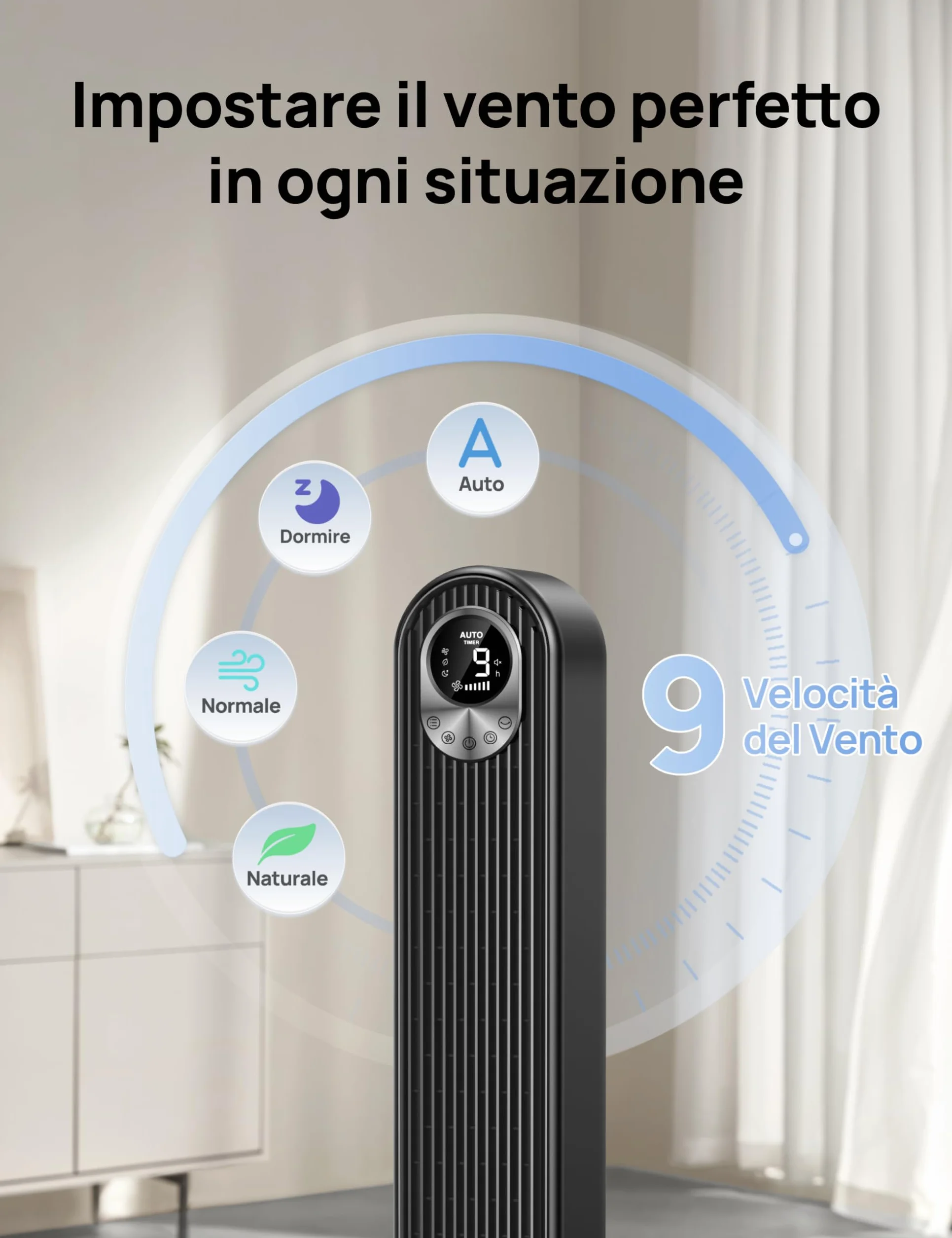 DREO Ventilatore a Torre 106cm, Potente 8.53 m/s, Ventilatori a Colonna Silenzioso con Telecomando, 9 Velocità, 4 Modalità, Oscillazione a 90°, Timer da 12H, per Camera da Letto, Stanze Grandi