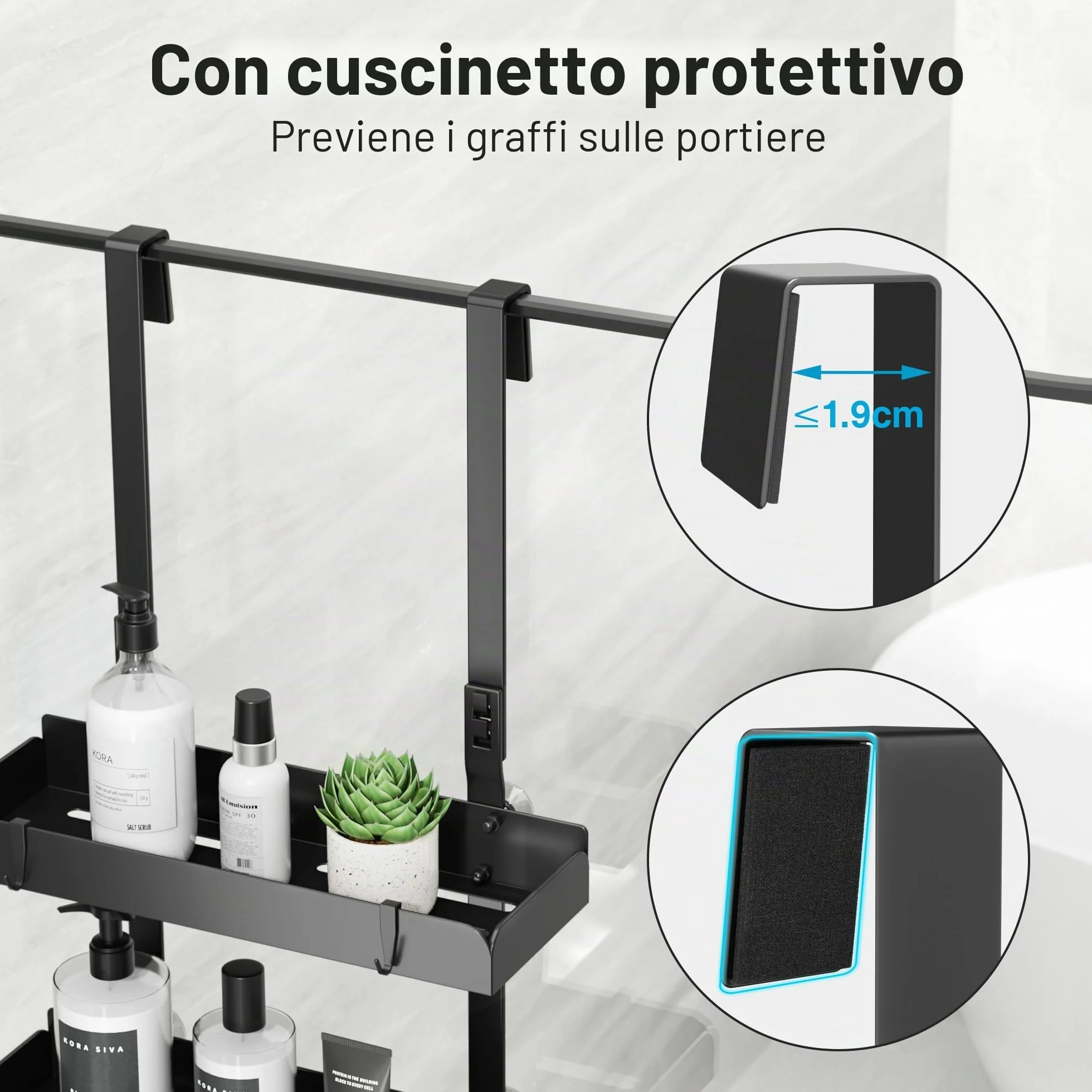 Josmimic Mensola doccia 2 ripiani 55,5 cm acciaio inox senza foratura nero