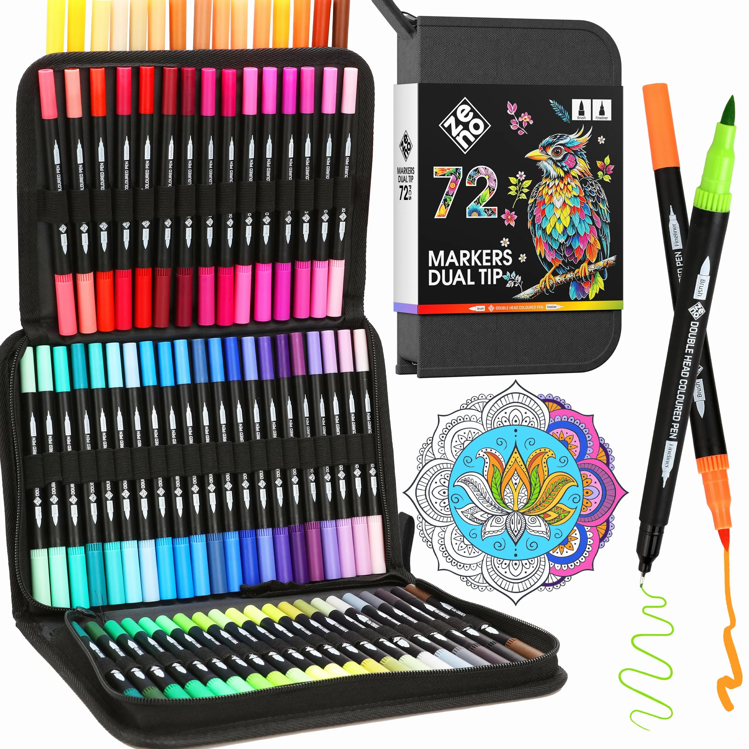 ZENO 72 Set Pennarelli Doppia Punta con Valigetta - Marker Punta Fine e Punta Pennello per Disegno