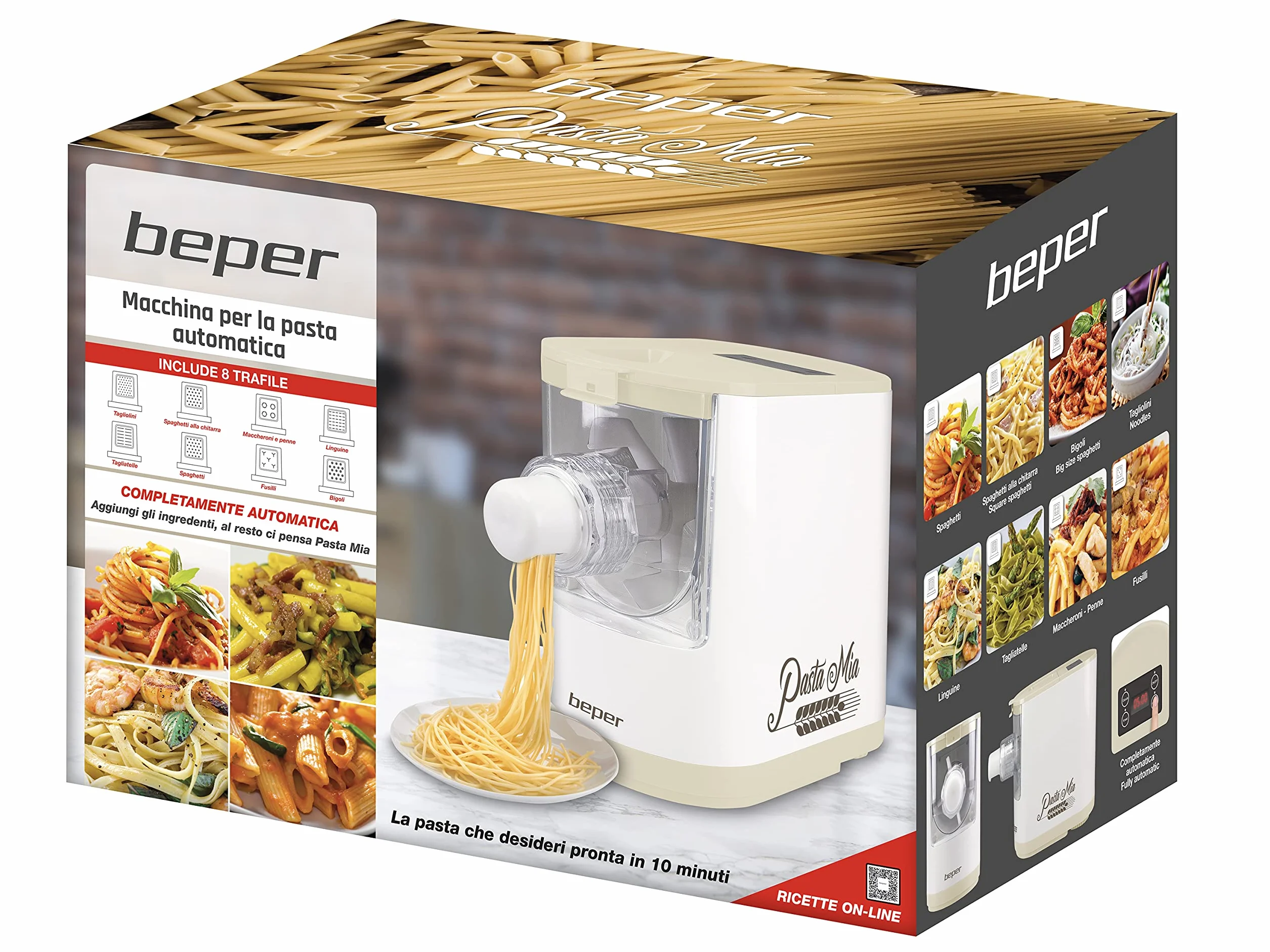 BEPER P102SBA500 Macchina Automatica per la Pasta Fresca, Pasta maker,200W, 320 g di Farina, 8 Trafile diversi formati, Display per il funzionamento, Include Misurino e Spatola