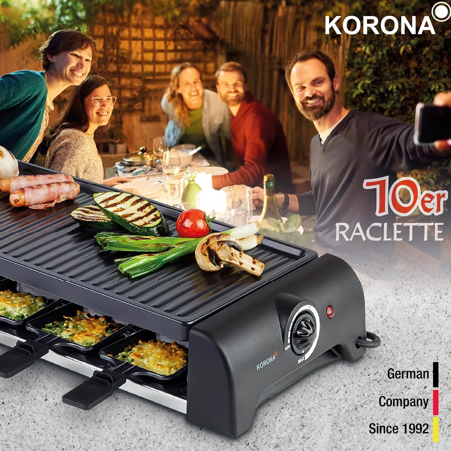 Korona 45060 Raclette per 10 persone | Raclette XXL con 10 padelle e spatole in legno | piastra antiaderente | cavo lungo 1,2 m | 1500 Watt, nero