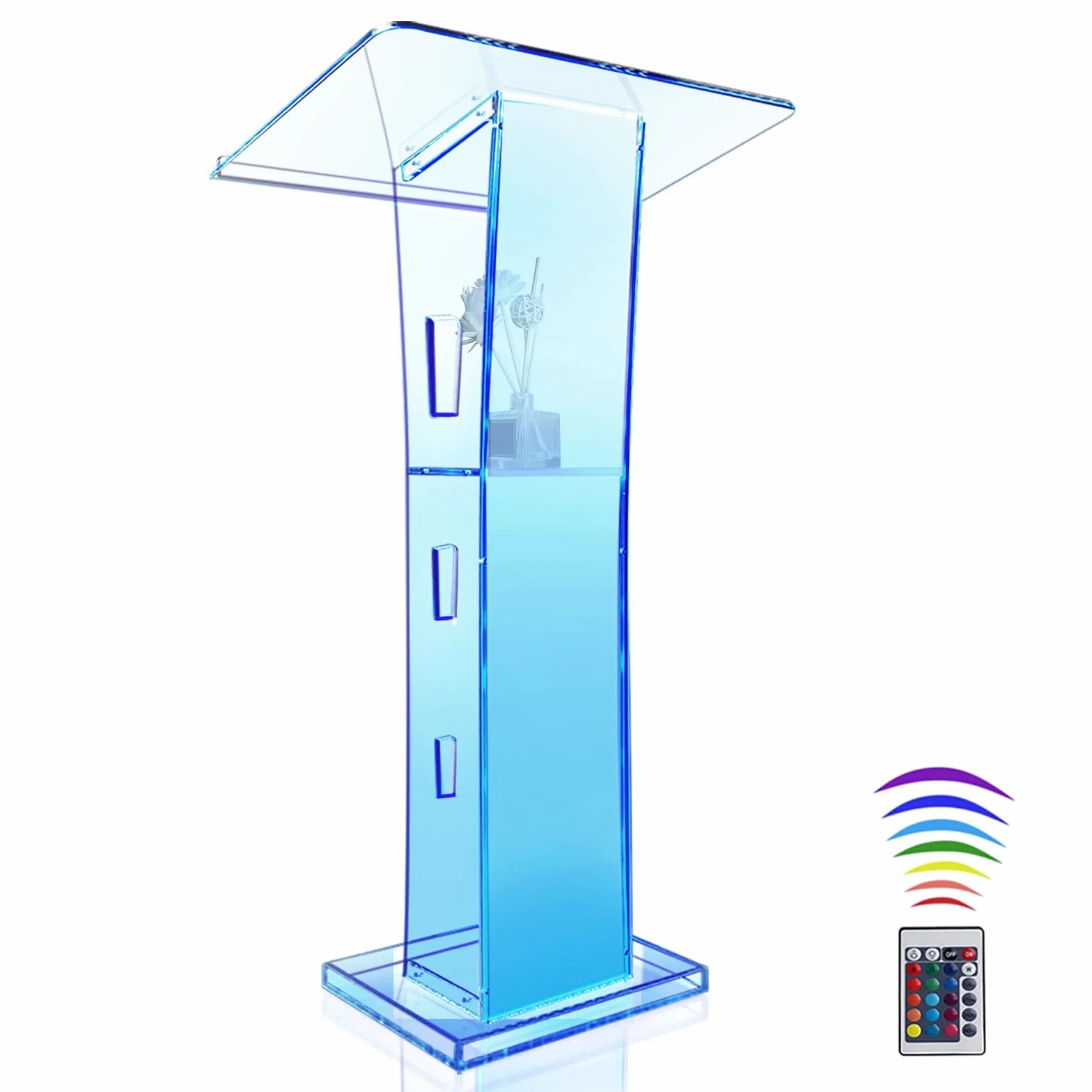Podio Prasparente in Acrilico, Pulpito da 43" per chiese con 15 Colori Regolabili, Leggio Moderno con Ripiano per aule, Conferenze, 115cm x 60cm x 41cm