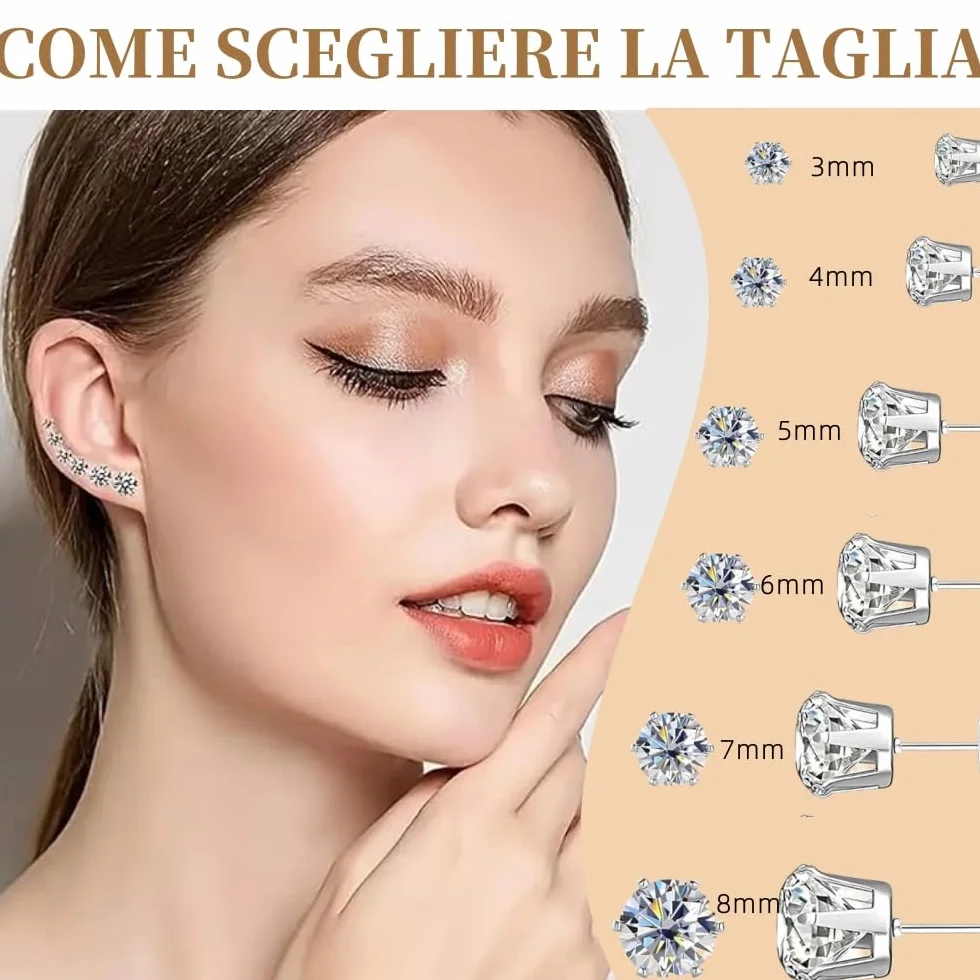 Orecchini Donna Uomo Diamante Zirconia Cubica Acciaio Inossidabile Anallergici 3~8 mm Brillantini