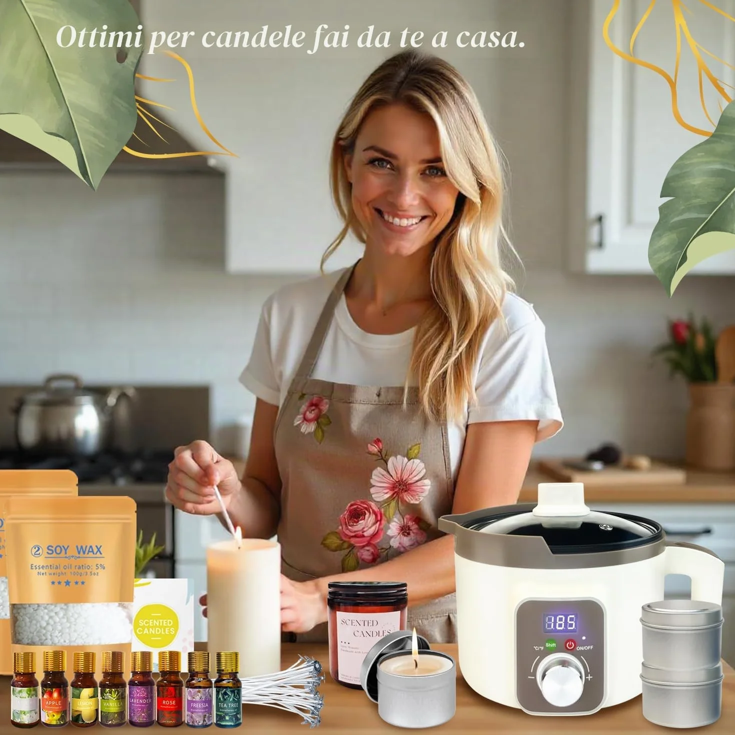 LINGQIAN Kit fabbricazione candele con fusore digitale di cera, cera di soia, 8 barattoli, 8 oli profumati